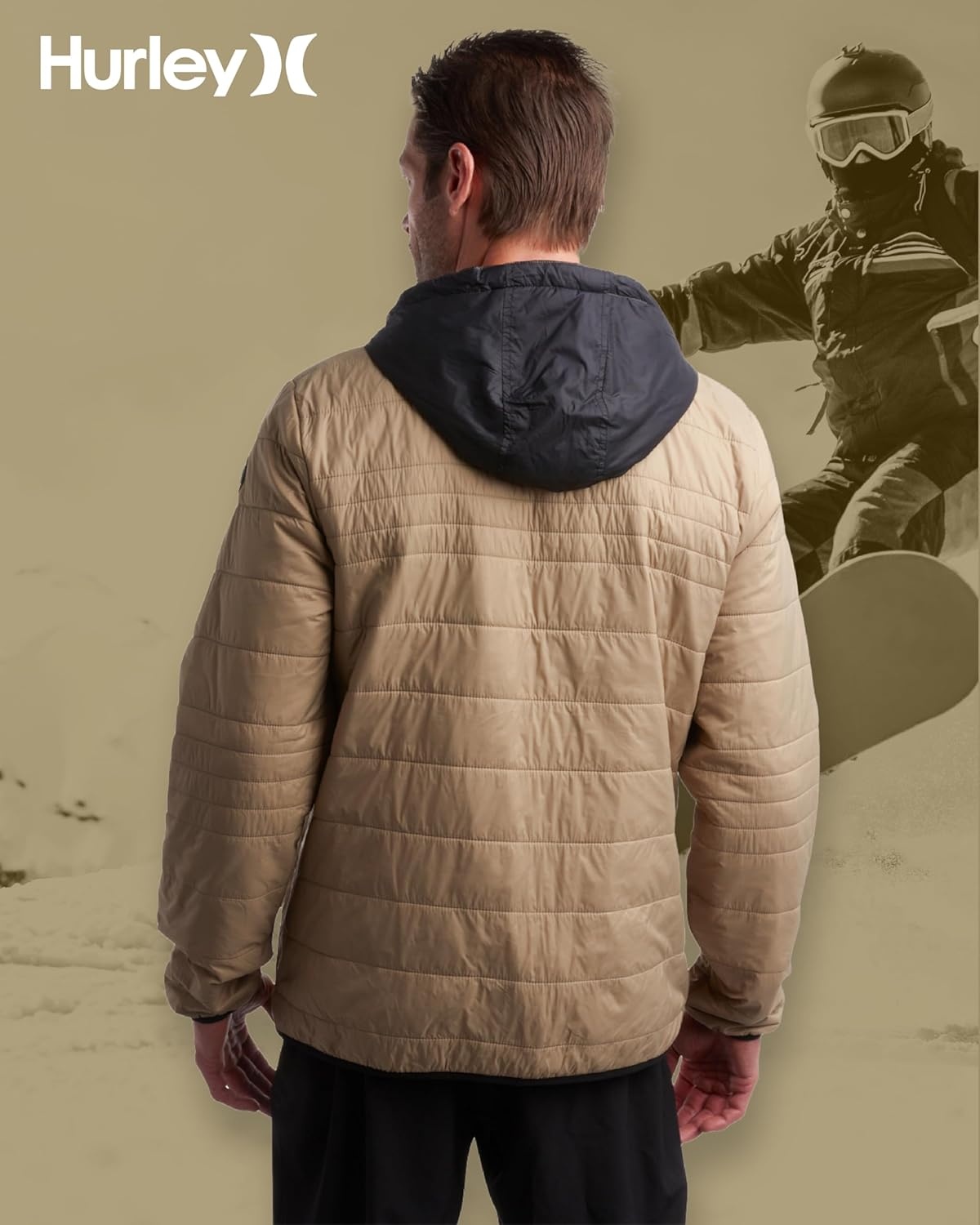 Hurley Mens Puffer Jacket – Lightweight Packable Insulated Winter Coat for Men – Weather Resistant Quilted Outdoor Jacket(Khaki/Black)