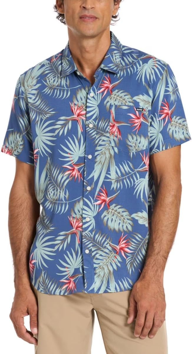 Hurley Men’s Short Sleeve Casual Button Down Shirt, Regular Fit, Chest Pocket(Dover)