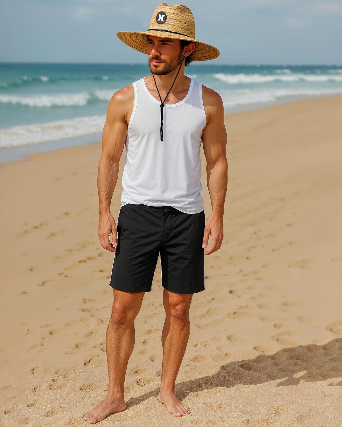 Hurley Men’s Straw Hat – Weekender Natural Straw Hat with Medium Brim and Chin Strap – Beach Fishing Sun Hats for Men(Khaki)