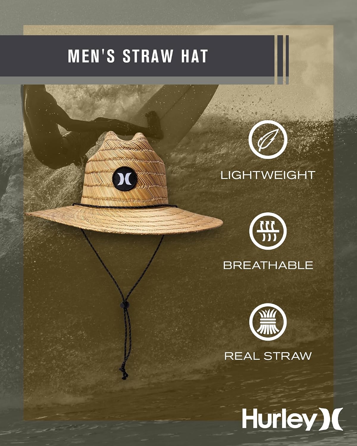 Hurley Men’s Straw Hat – Weekender Natural Straw Hat with Medium Brim and Chin Strap – Beach Fishing Sun Hats for Men(Khaki)