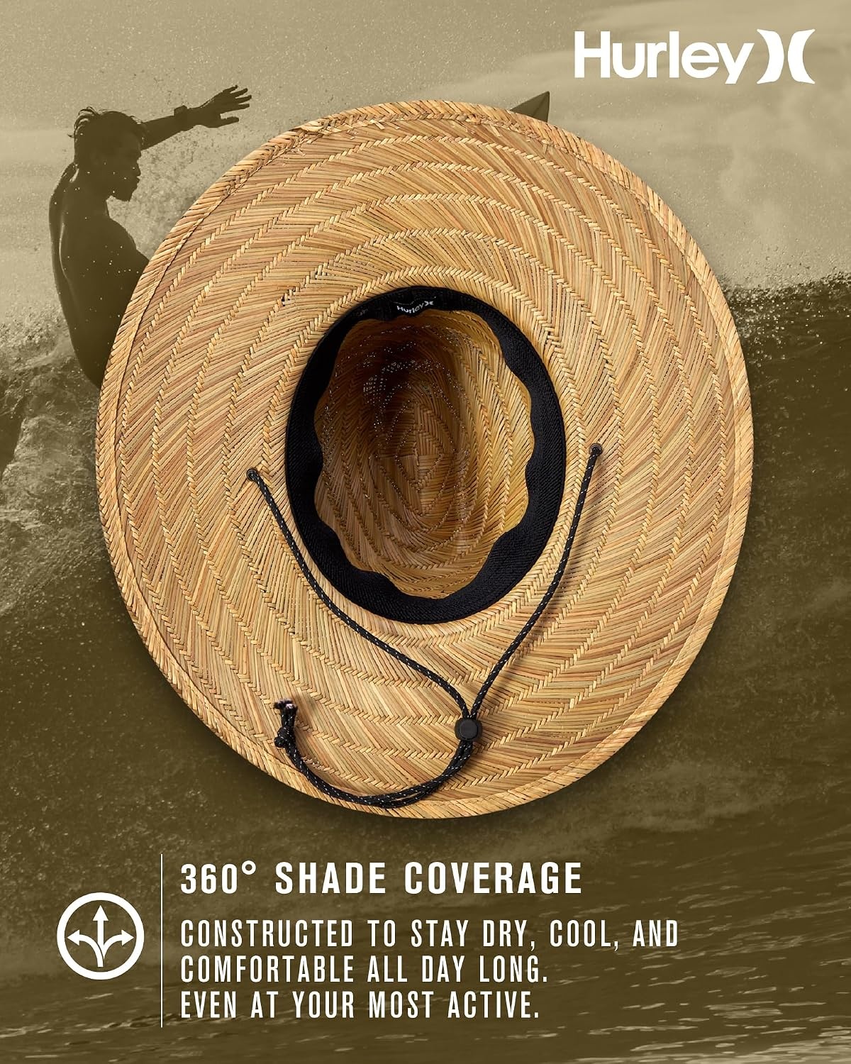 Hurley Men’s Straw Hat – Weekender Natural Straw Hat with Medium Brim and Chin Strap – Beach Fishing Sun Hats for Men(Khaki)