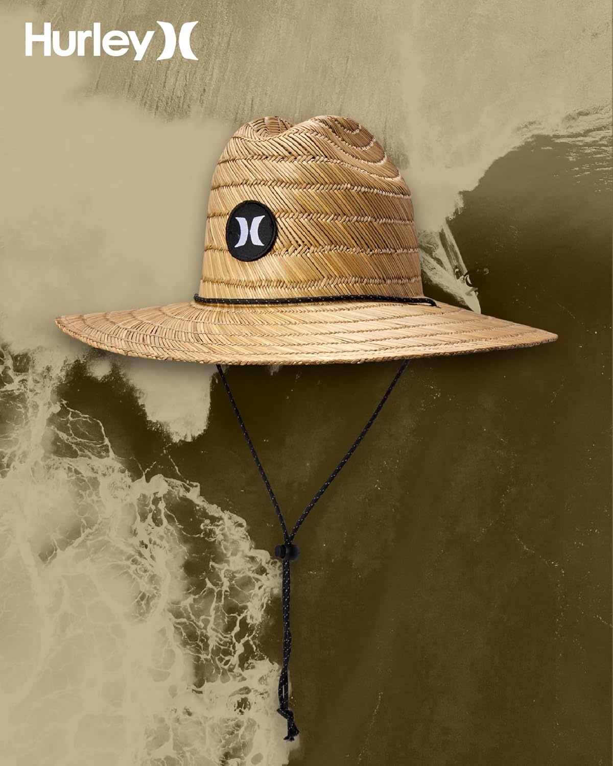 Hurley Men’s Straw Hat – Weekender Natural Straw Hat with Medium Brim and Chin Strap – Beach Fishing Sun Hats for Men(Khaki)
