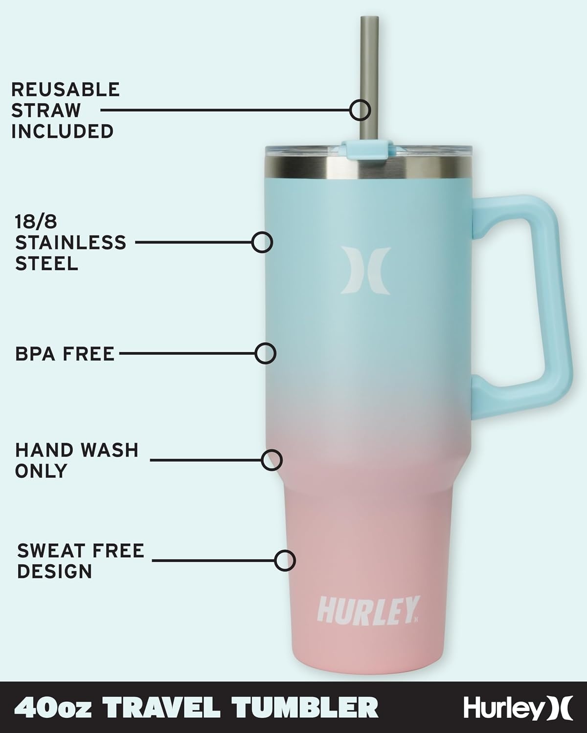 Hurley Tumbler Thermos – 40oz Double Wall Vacuum Insulated Travel Mug with Handle – BPA Free Stainless Steel Water Bottle – Leak Proof Hot and Cold Coffee Car Cup, Size 40 Ounces, Gradient Blue Pink