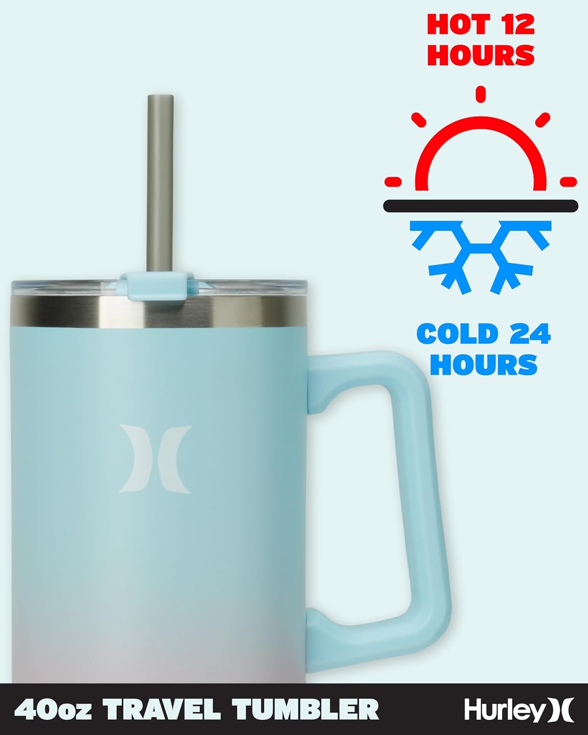 Hurley Tumbler Thermos – 40oz Double Wall Vacuum Insulated Travel Mug with Handle – BPA Free Stainless Steel Water Bottle – Leak Proof Hot and Cold Coffee Car Cup, Size 40 Ounces, Gradient Blue Pink
