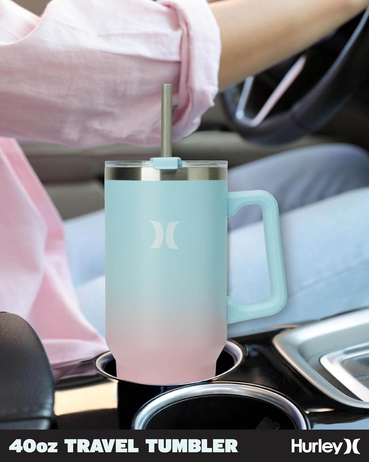 Hurley Tumbler Thermos – 40oz Double Wall Vacuum Insulated Travel Mug with Handle – BPA Free Stainless Steel Water Bottle – Leak Proof Hot and Cold Coffee Car Cup, Size 40 Ounces, Gradient Blue Pink