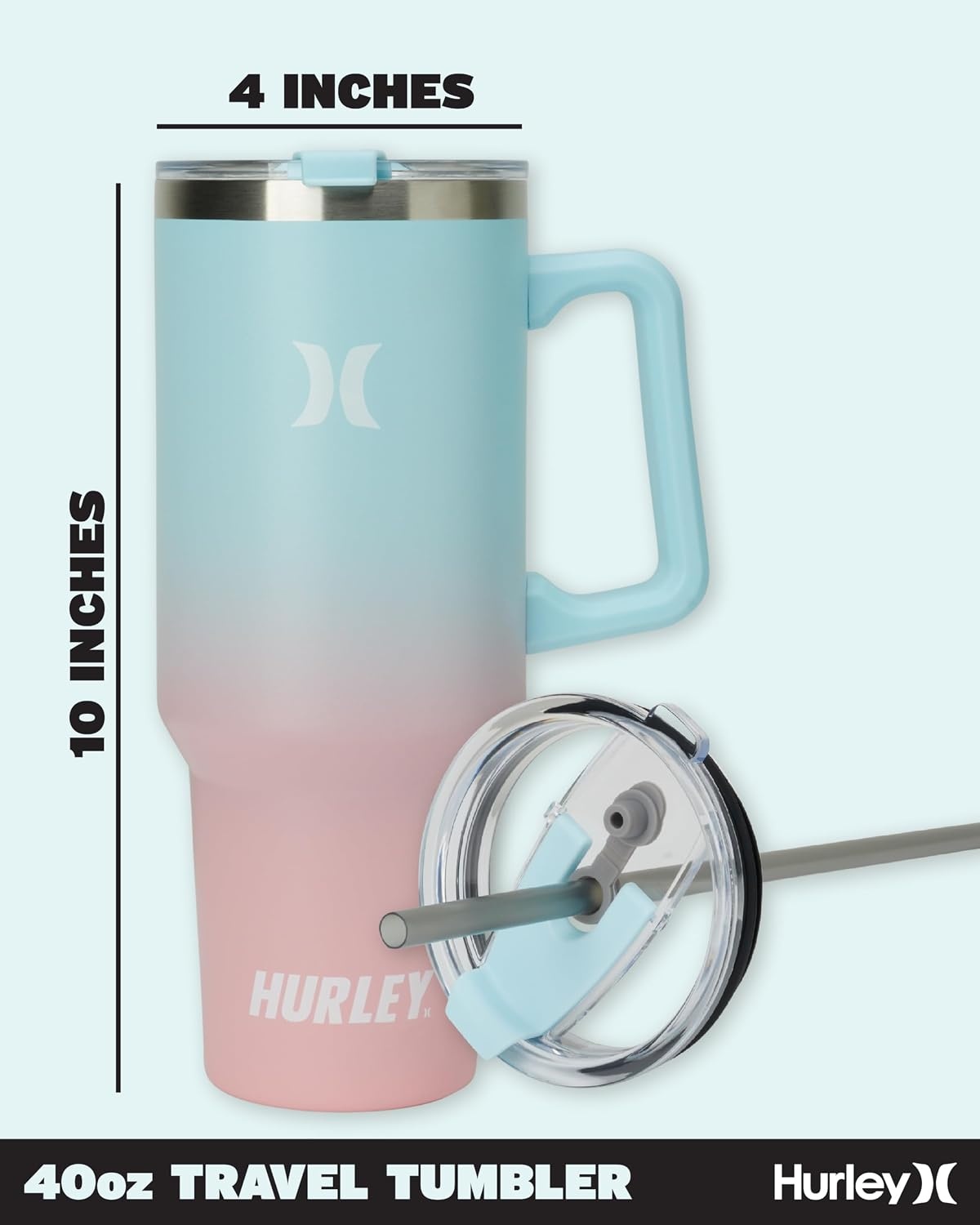 Hurley Tumbler Thermos – 40oz Double Wall Vacuum Insulated Travel Mug with Handle – BPA Free Stainless Steel Water Bottle – Leak Proof Hot and Cold Coffee Car Cup, Size 40 Ounces, Gradient Blue Pink