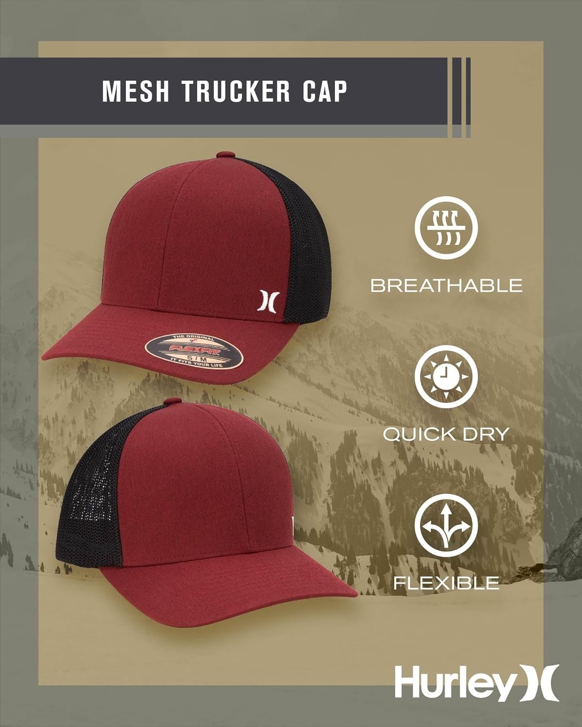 Hurley Men’s Caps – Mini Icon Mesh Panel Baseball Cap – Fitted Hats for Men(Red)