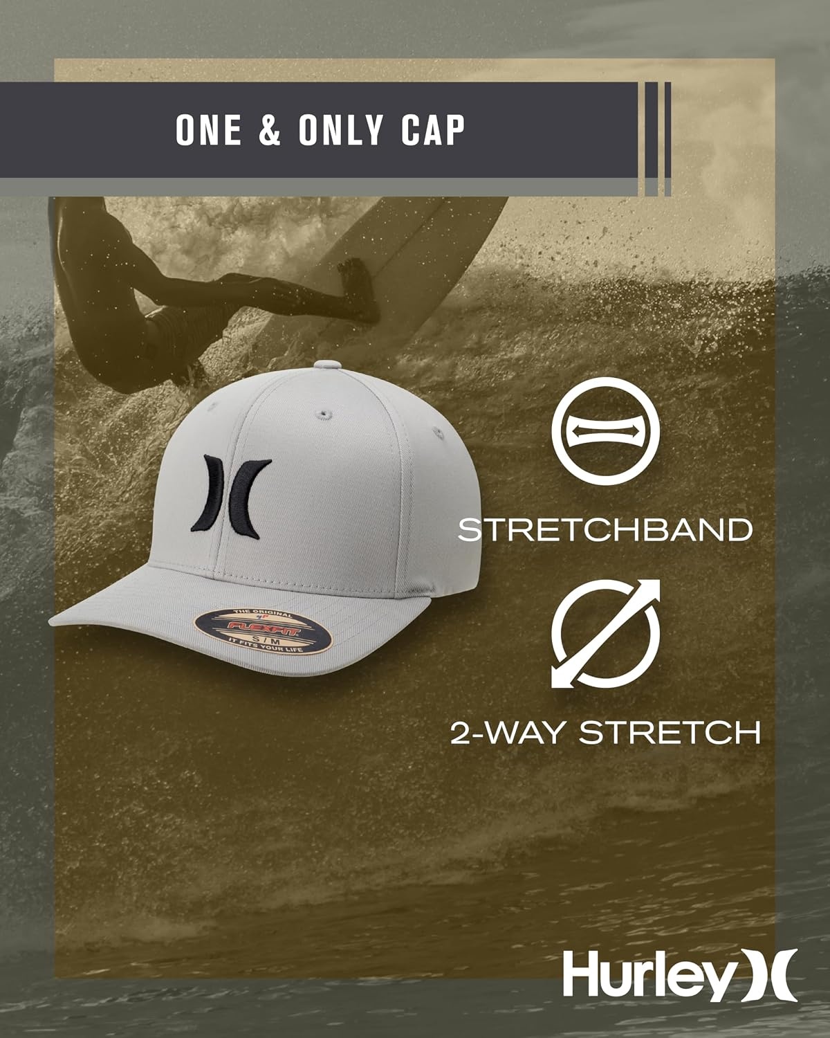 Hurley Mens Baseball Cap – Moisture Wicking Quick Dry Textured Fitted Hats for Men with Curved Brim(Cool Grey)