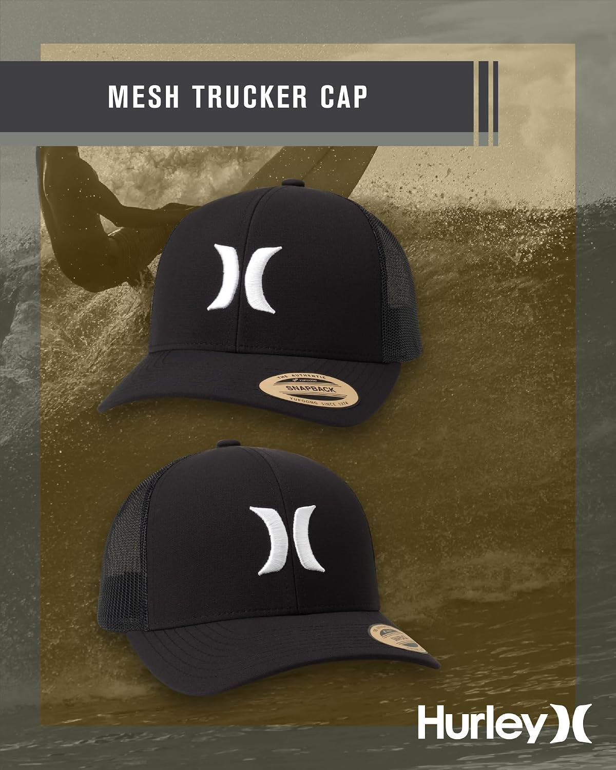 Hurley Mens Caps – Del Mar Mesh Panel Baseball Cap Trucker Hat – Snap Back Hats for Men(Black/White)