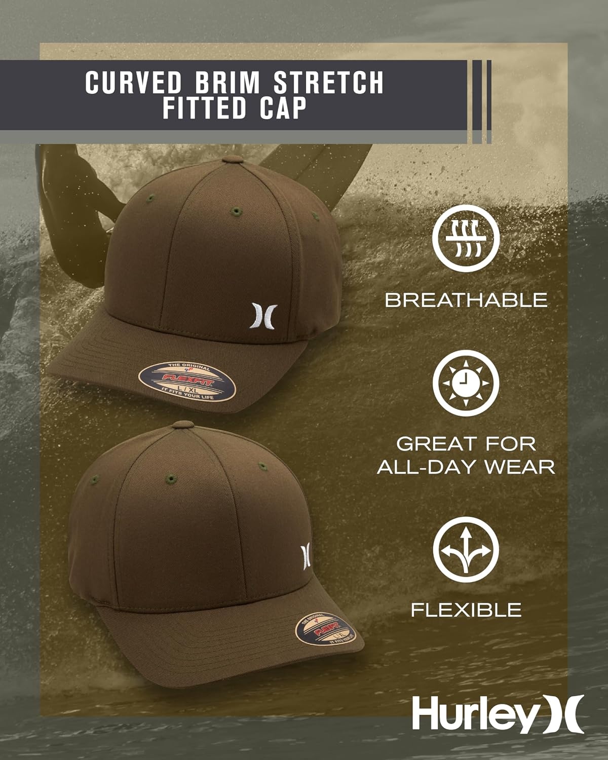 Hurley Men’s Hat – Curved Brim Stretch Fitted Cap(Olive)