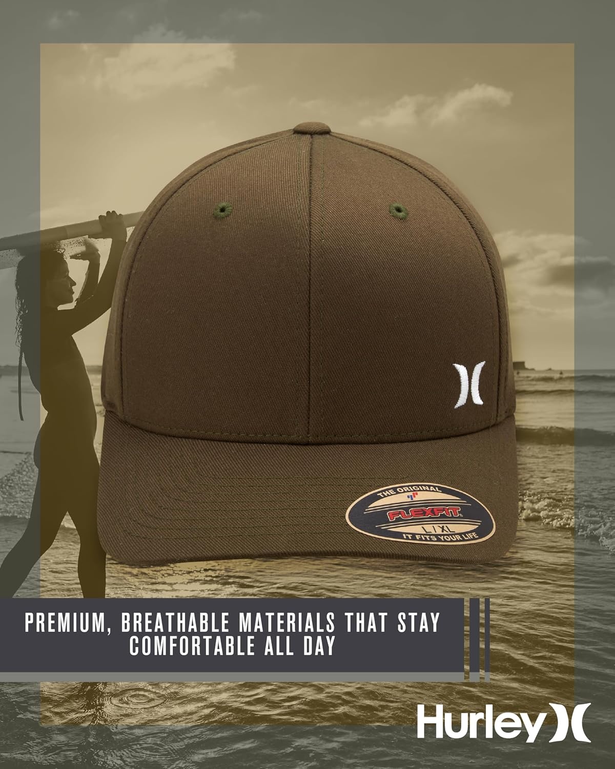 Hurley Men’s Hat – Curved Brim Stretch Fitted Cap(Olive)
