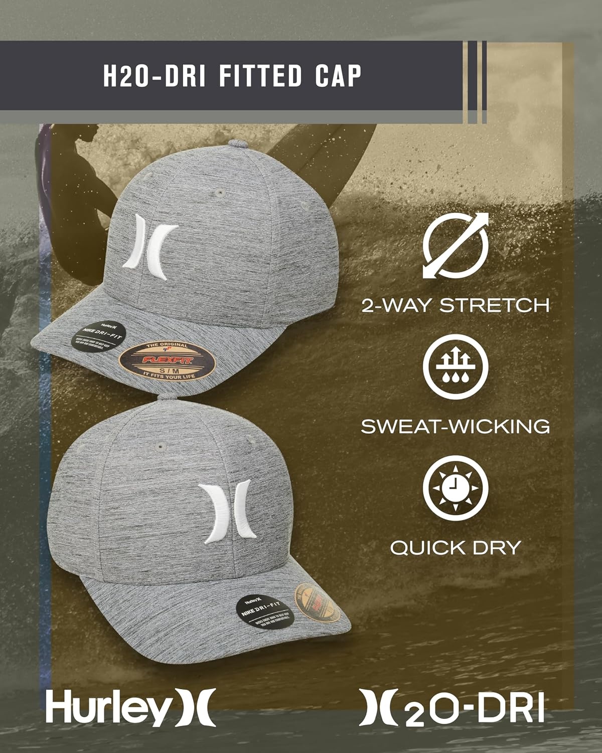 Hurley Men’s Baseball Cap – Lightweight Curved Bill H2O Dri Fitted Caps for Men(Dark Smoke Grey)