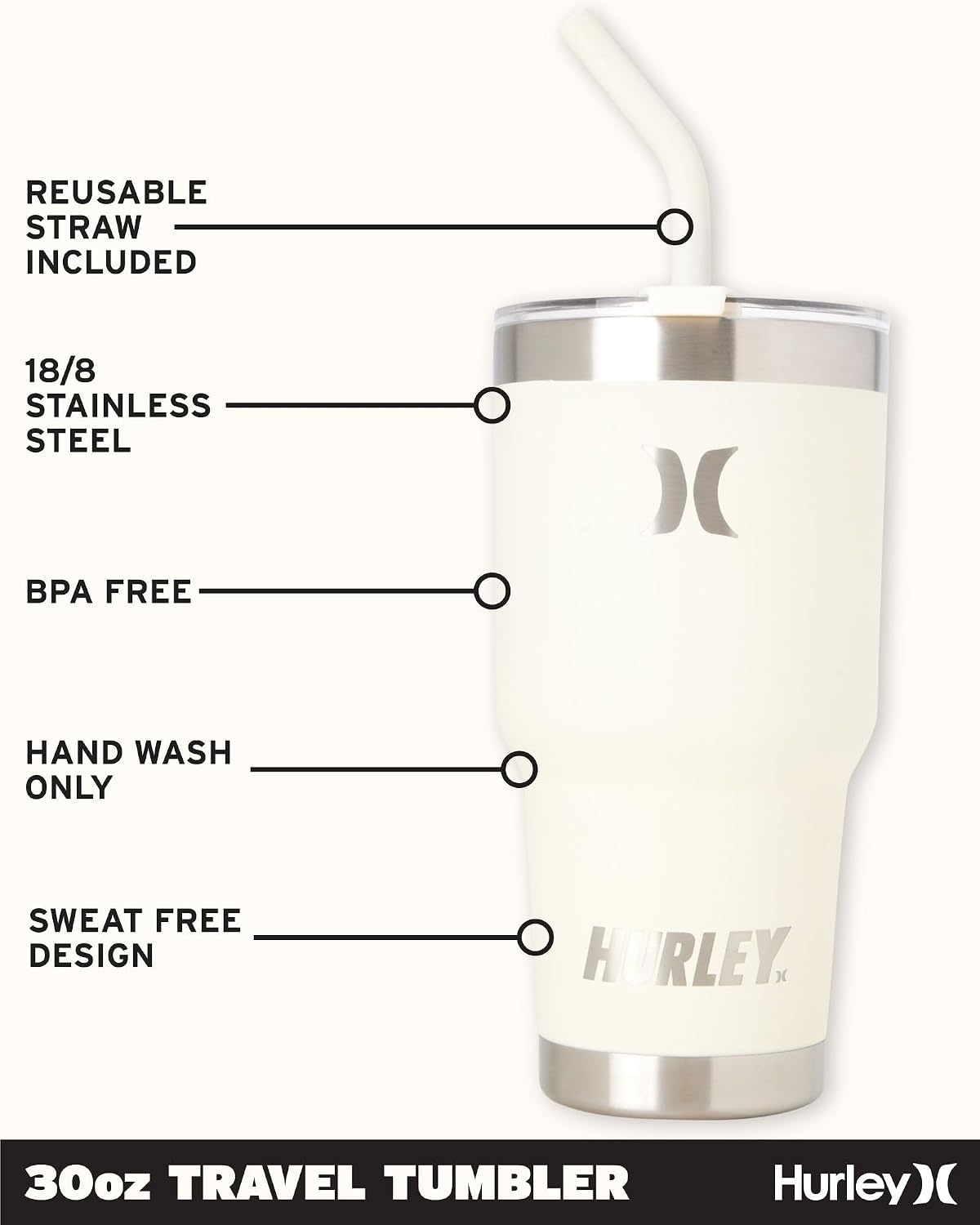 Hurley Tumbler Thermos – 30oz Double Wall Vacuum Insulated Travel Mug – BPA Free Stainless Steel Water Bottle – Leak Proof Hot and Cold Coffee Car Cup, Size 30 oz, Ivory