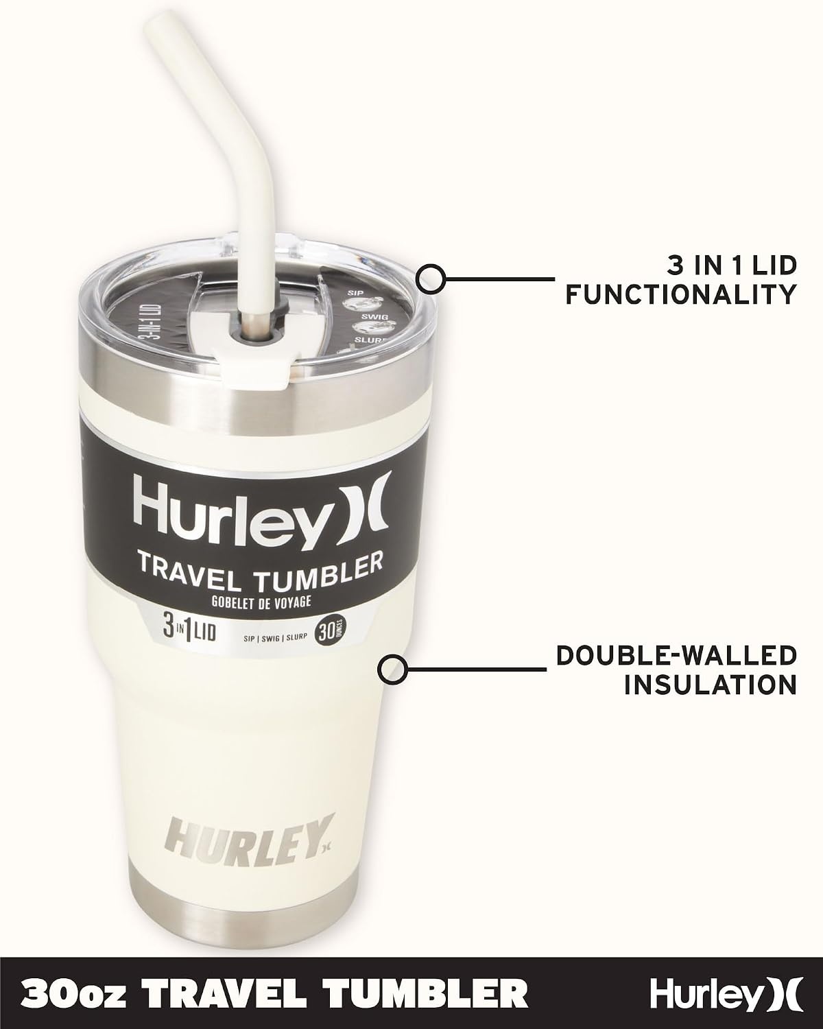 Hurley Tumbler Thermos – 30oz Double Wall Vacuum Insulated Travel Mug – BPA Free Stainless Steel Water Bottle – Leak Proof Hot and Cold Coffee Car Cup, Size 30 oz, Ivory