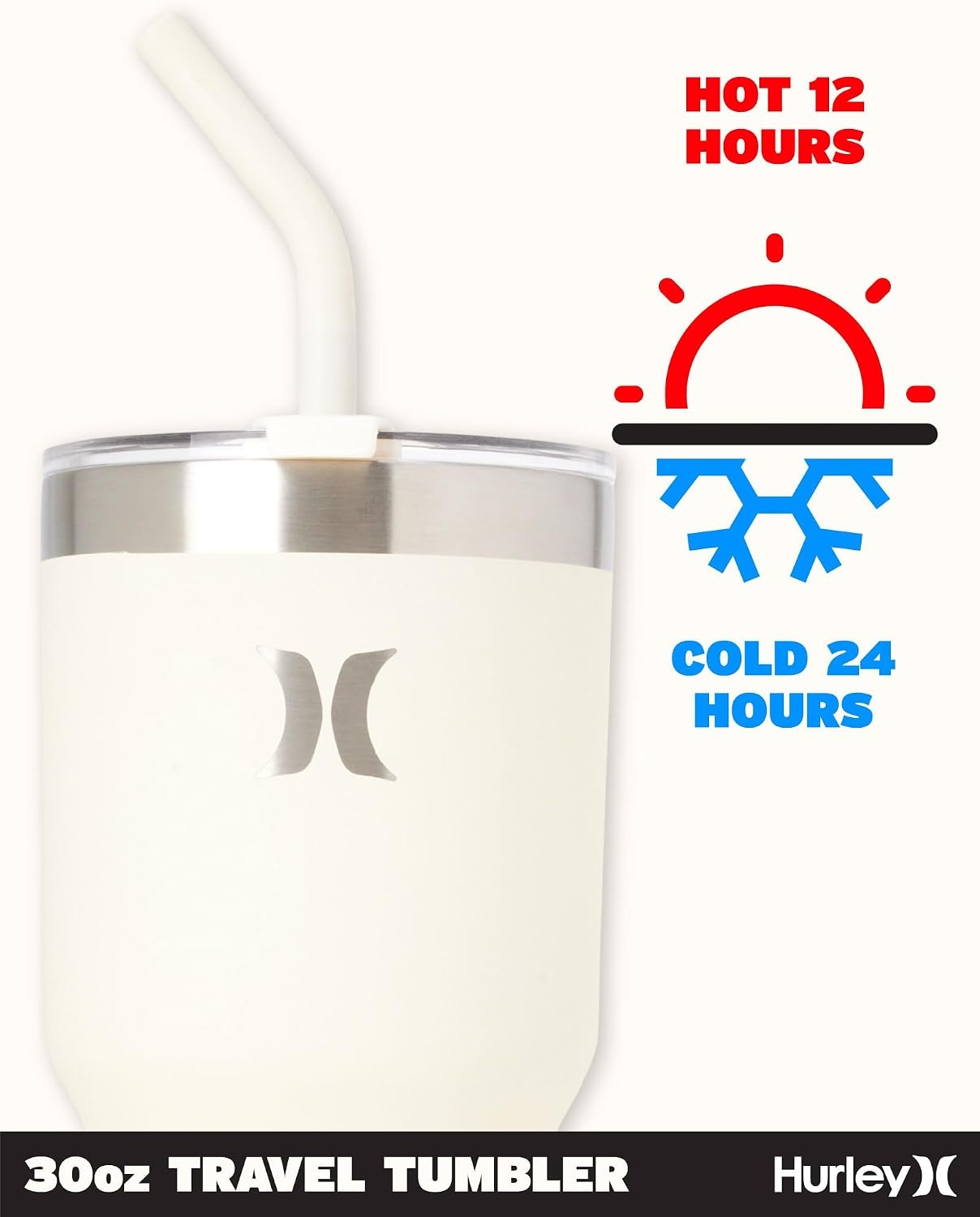 Hurley Tumbler Thermos – 30oz Double Wall Vacuum Insulated Travel Mug – BPA Free Stainless Steel Water Bottle – Leak Proof Hot and Cold Coffee Car Cup, Size 30 oz, Ivory