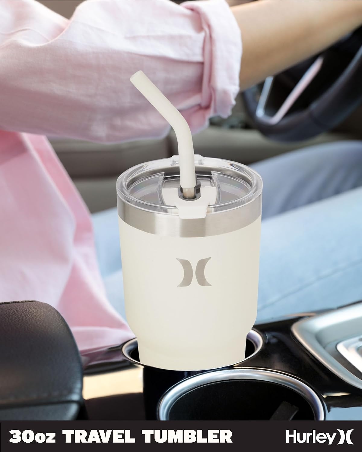 Hurley Tumbler Thermos – 30oz Double Wall Vacuum Insulated Travel Mug – BPA Free Stainless Steel Water Bottle – Leak Proof Hot and Cold Coffee Car Cup, Size 30 oz, Ivory