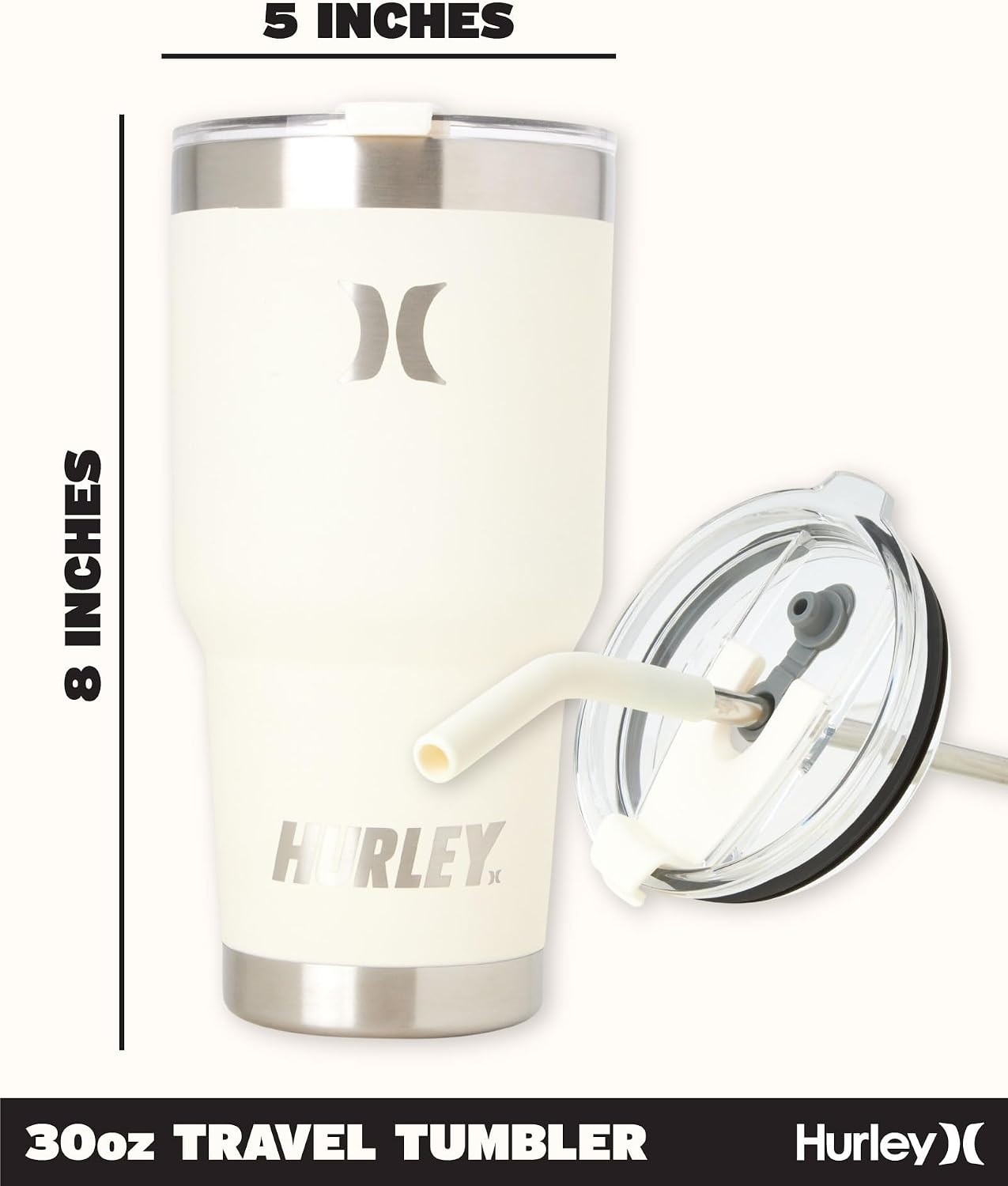 Hurley Tumbler Thermos – 30oz Double Wall Vacuum Insulated Travel Mug – BPA Free Stainless Steel Water Bottle – Leak Proof Hot and Cold Coffee Car Cup, Size 30 oz, Ivory