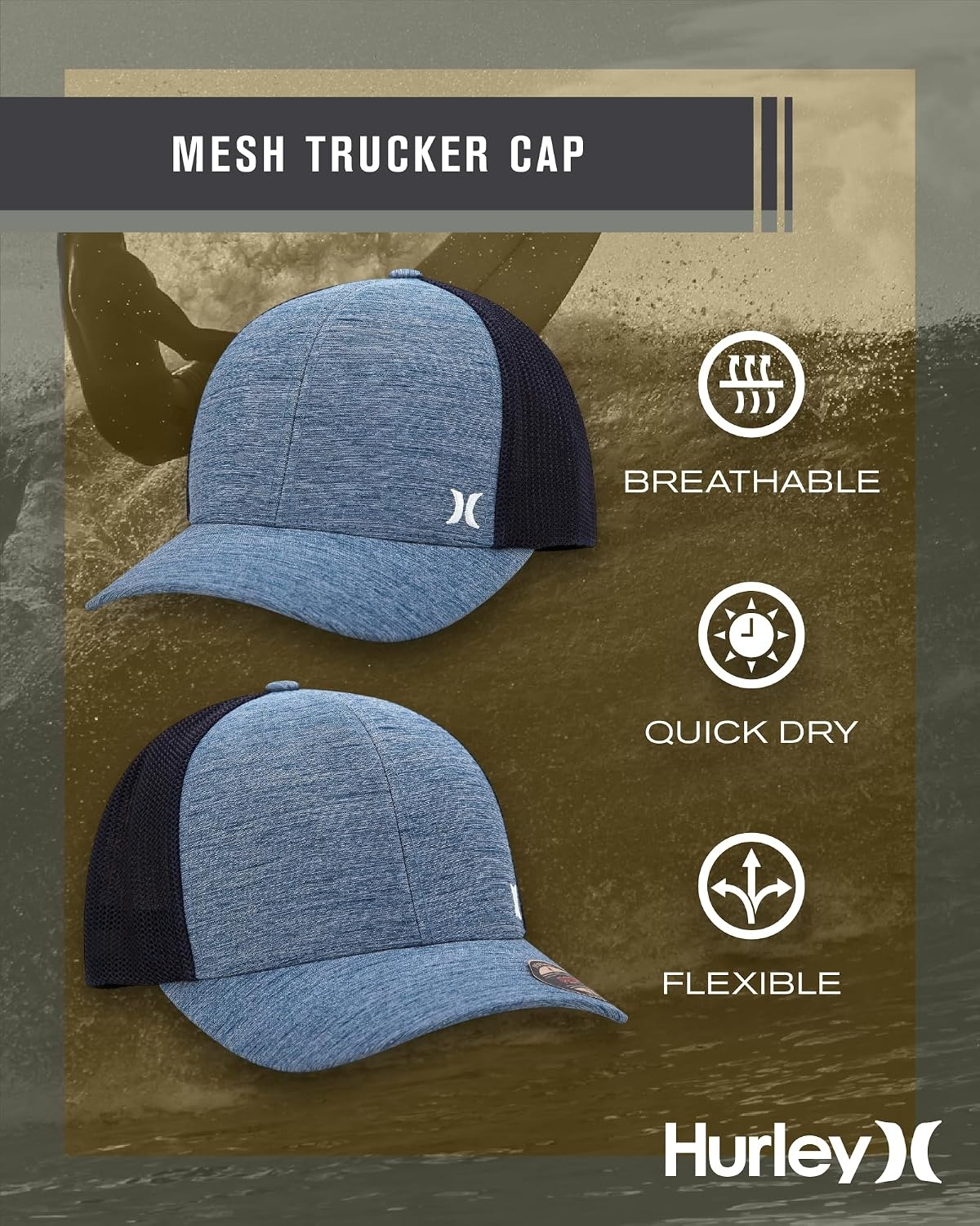 Hurley Men’s Caps – Mini Icon Mesh Panel Baseball Cap – Fitted Hats for Men(Mystic Navy)