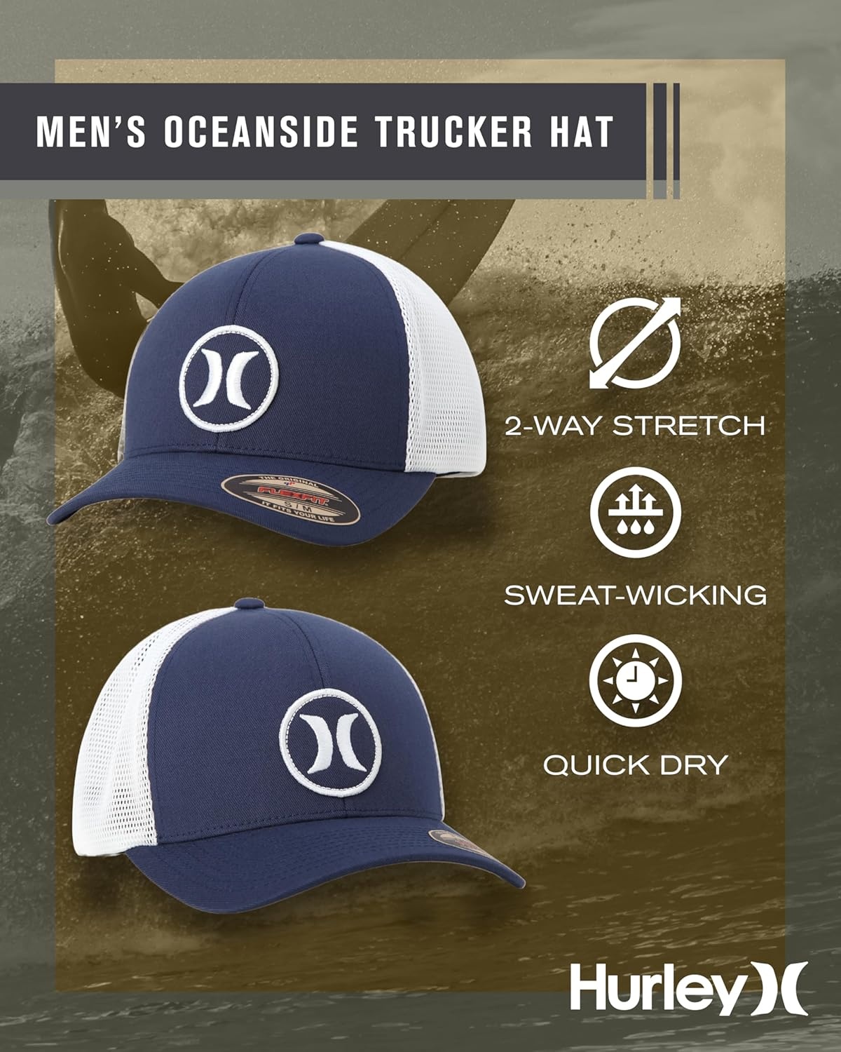 Hurley Mens Hat – Oceanside Flex Fitted Trucker Hat(Mystic Navy)