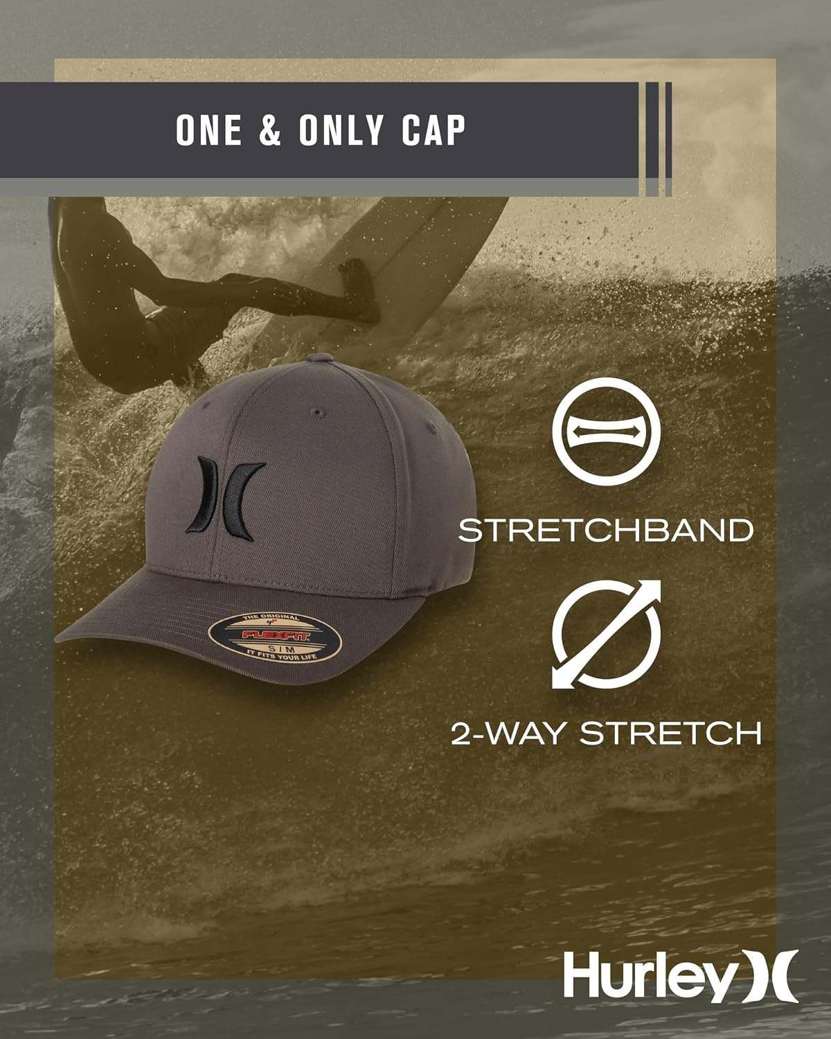 Hurley Mens Baseball Cap – Moisture Wicking Quick Dry Textured Fitted Hats for Men with Curved Brim(Dark Grey)