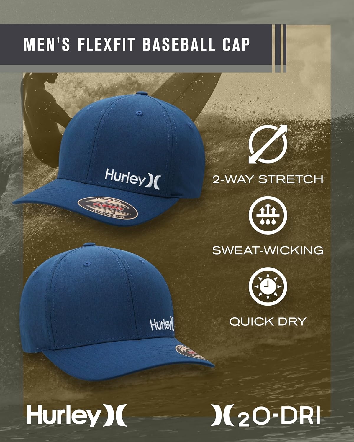 Hurley mens One & Only Corp Flexfit Perma Curve Bill Baseball Hat(Blue Beyond)