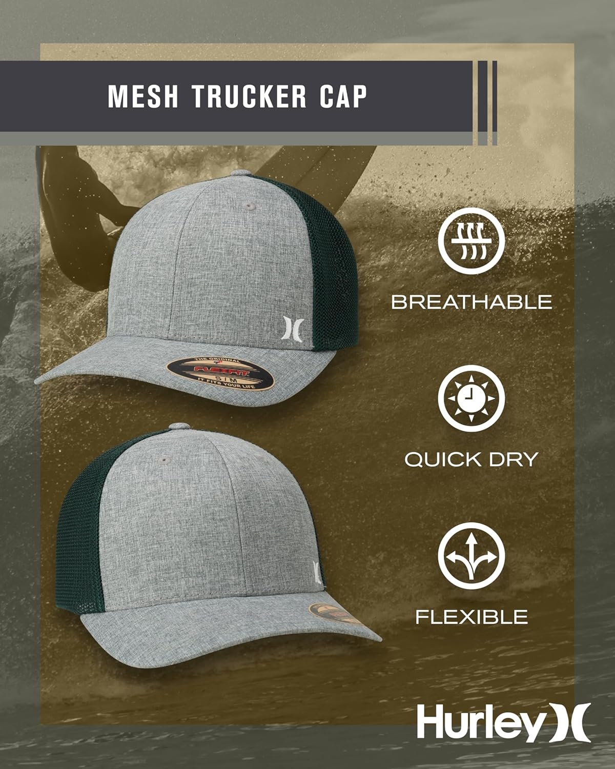 Hurley Men’s Caps – Mini Icon Mesh Panel Baseball Cap – Fitted Hats for Men(Hunter Green)