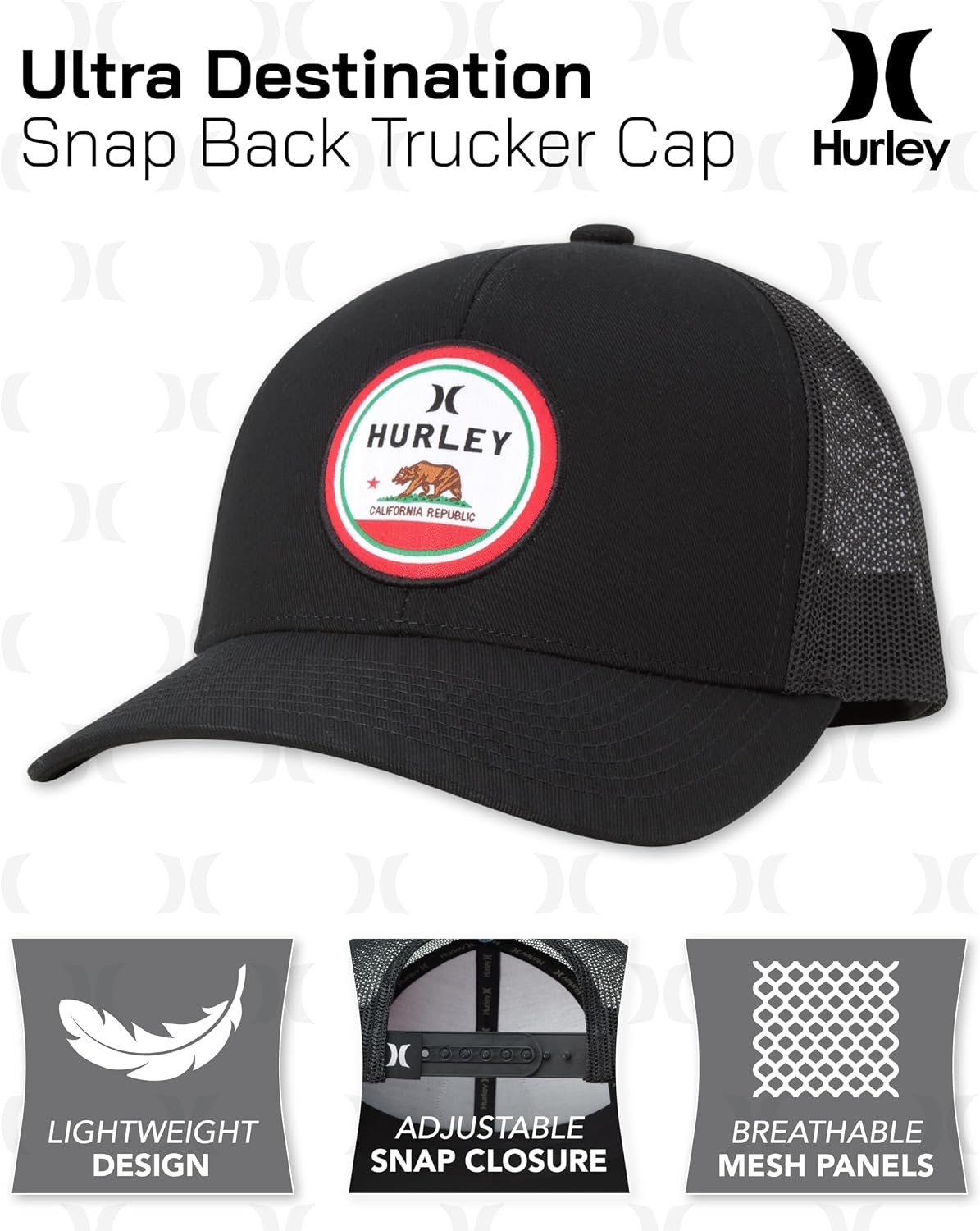 Hurley Men’s Trucker Hat – Flat Brim Mesh Baseball Cap and Hats for Men with Adjustable Snapback Closure(Black/White)