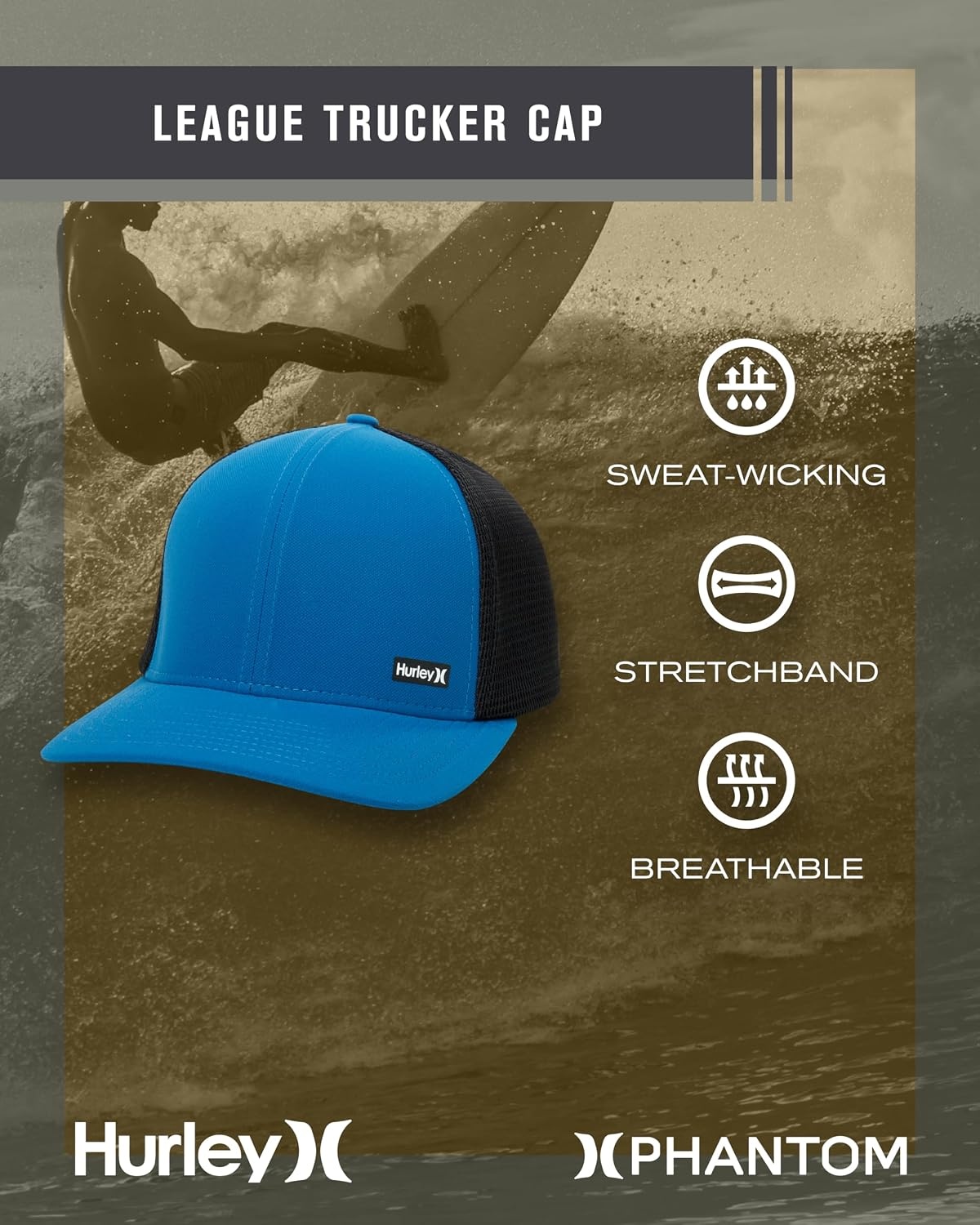 Hurley Men’s Caps – H2O-Dri League Baseball Caps for Men with Snapback Closure – Classic Mens Trucker Hats (S-XL)(Industrial Blue)
