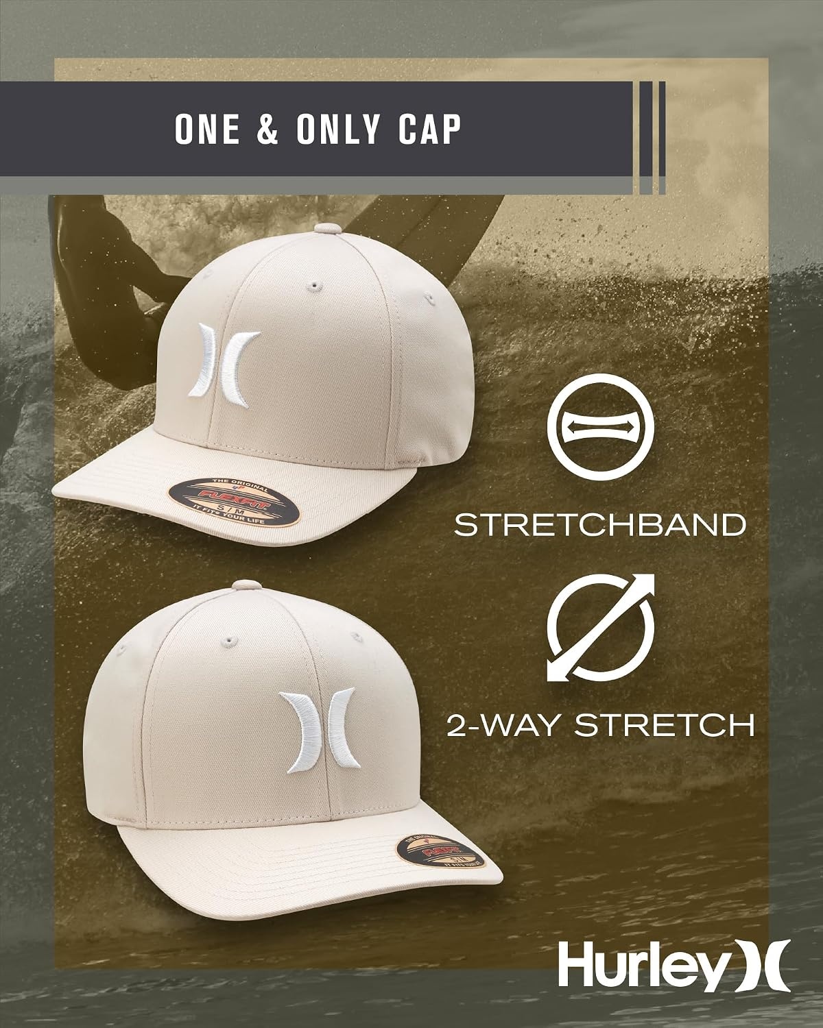 Hurley Mens Baseball Cap – Moisture Wicking Quick Dry Textured Fitted Hats for Men with Curved Brim(Light Bone)