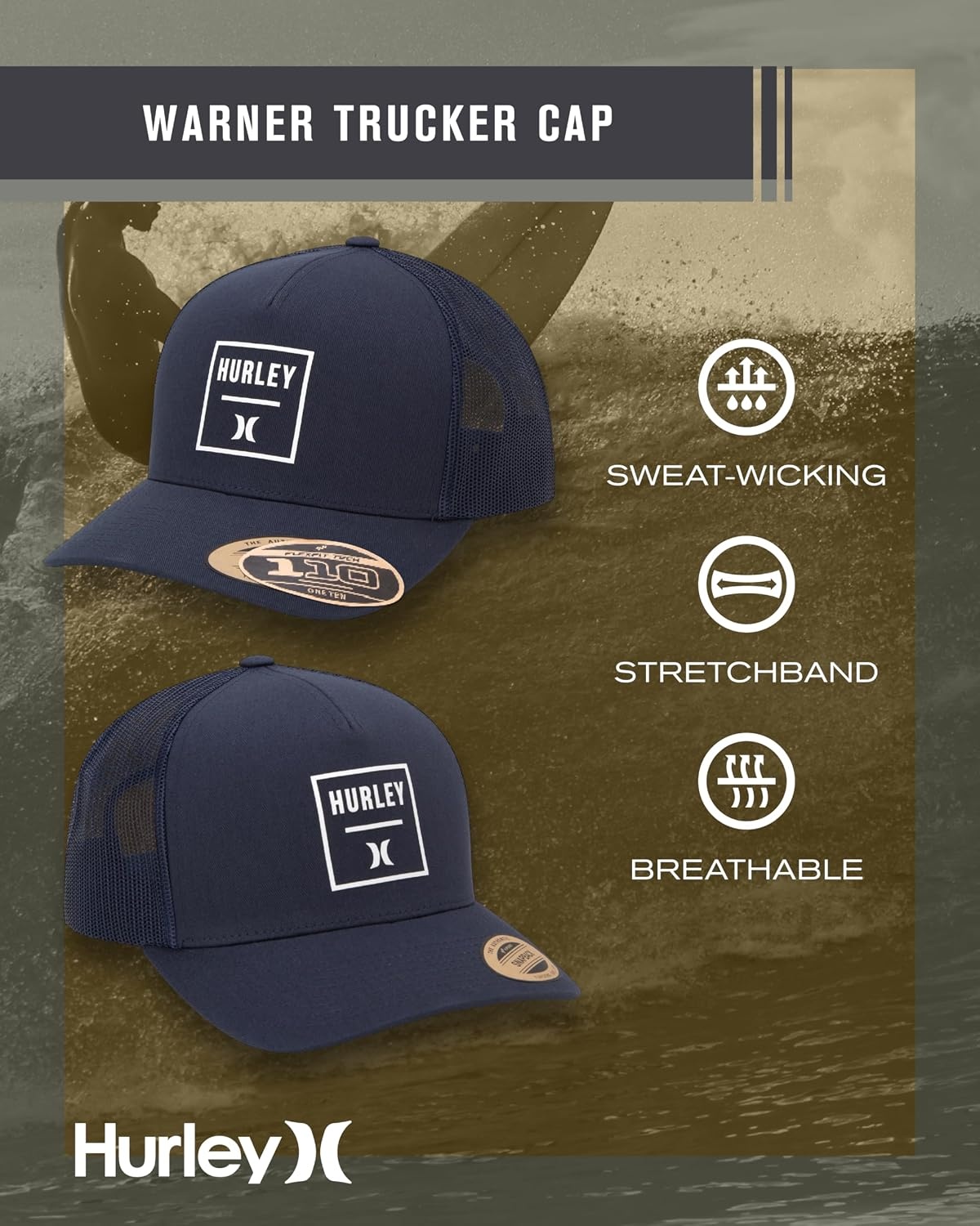 Hurley Mens Trucker Hat – Flexible Quick Dry Fairway Mesh Trucker Hat for Men with Snapback Closure – Classic Mens Caps(Navy)