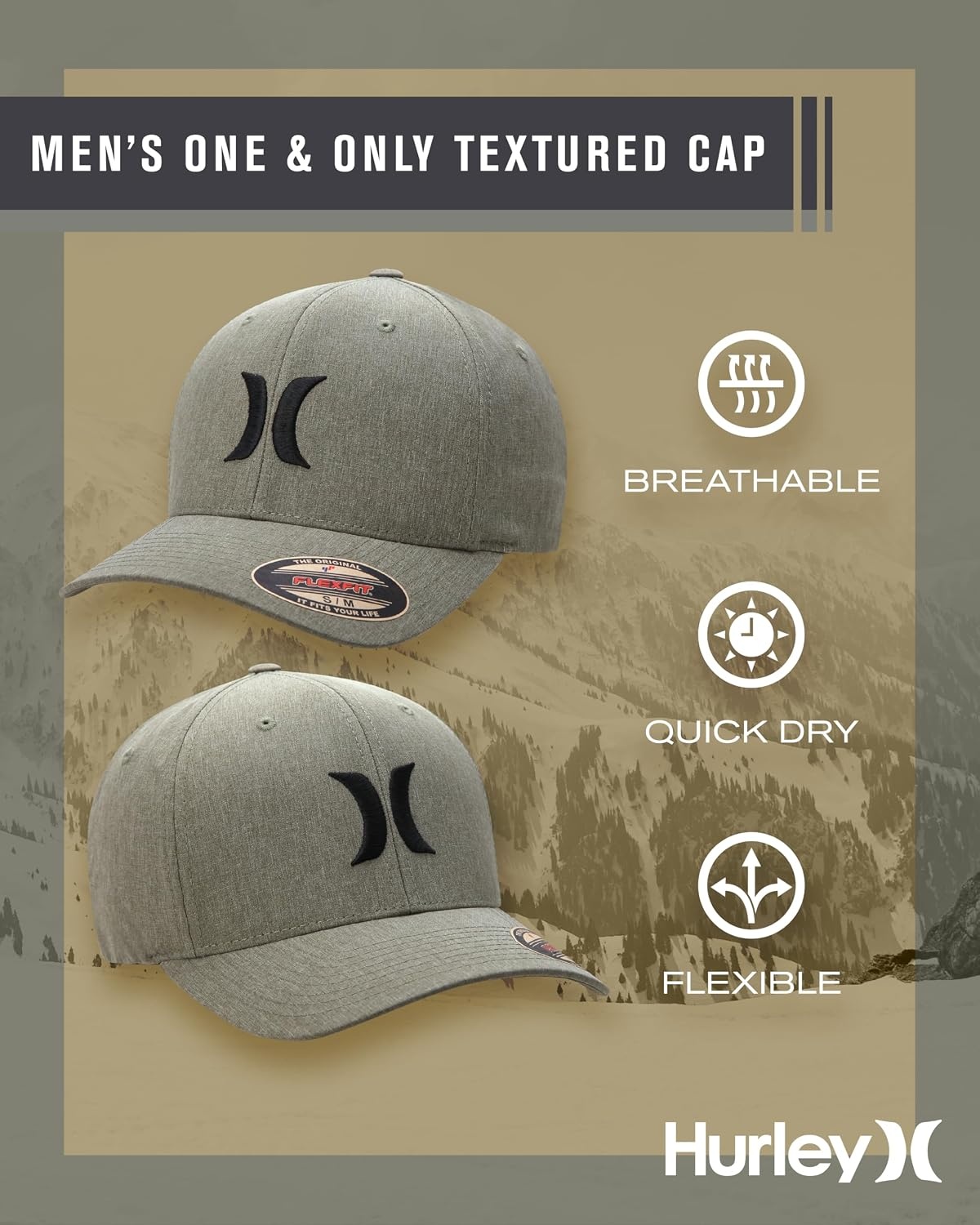 Hurley Men’s Caps – One & Only Flexfit Baseball Cap – Fitted Hats for Men (S-XL)(Olive Canvas)