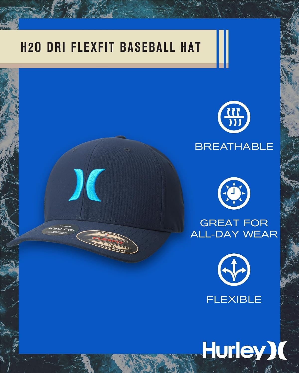 Hurley Mens Baseball Cap – Moisture Wicking Curved Brim Flexfit Fitted Hats for Men with H2O-Dri Sweatband (Sizes: S-XL)(University Blue)