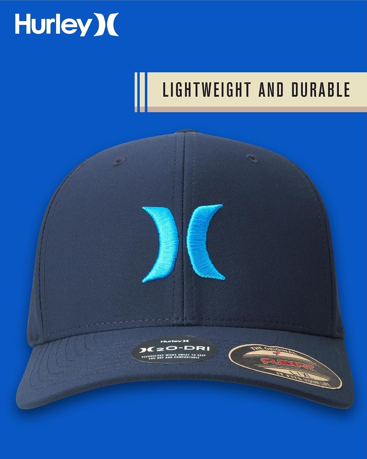 Hurley Mens Baseball Cap – Moisture Wicking Curved Brim Flexfit Fitted Hats for Men with H2O-Dri Sweatband (Sizes: S-XL)(University Blue)