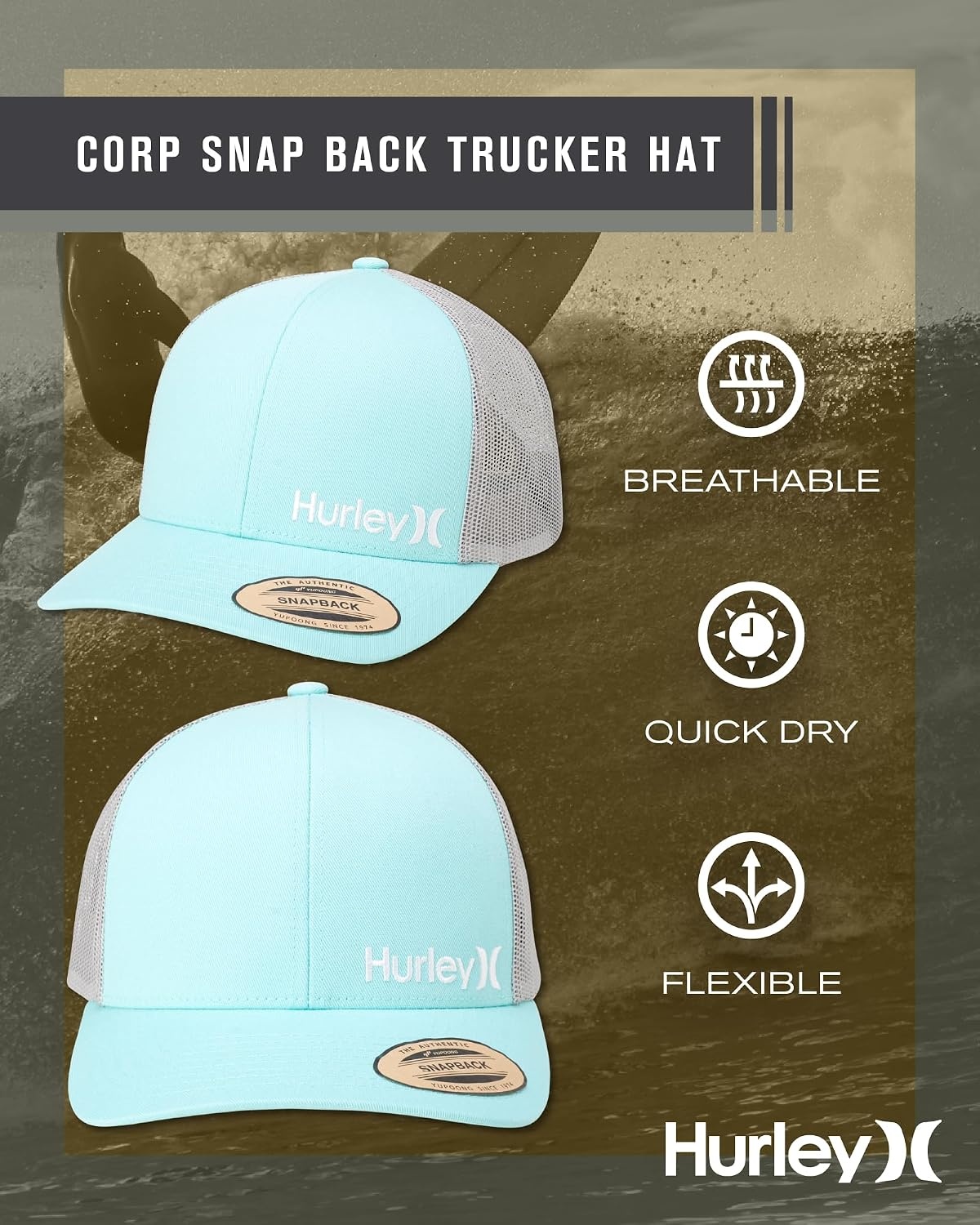 Hurley Men’s Trucker Hat – Corp Snap Back Comfortable Curved Bill with Adjustable Snap Closure – Trucker Hats for Men(Topaz Mist)