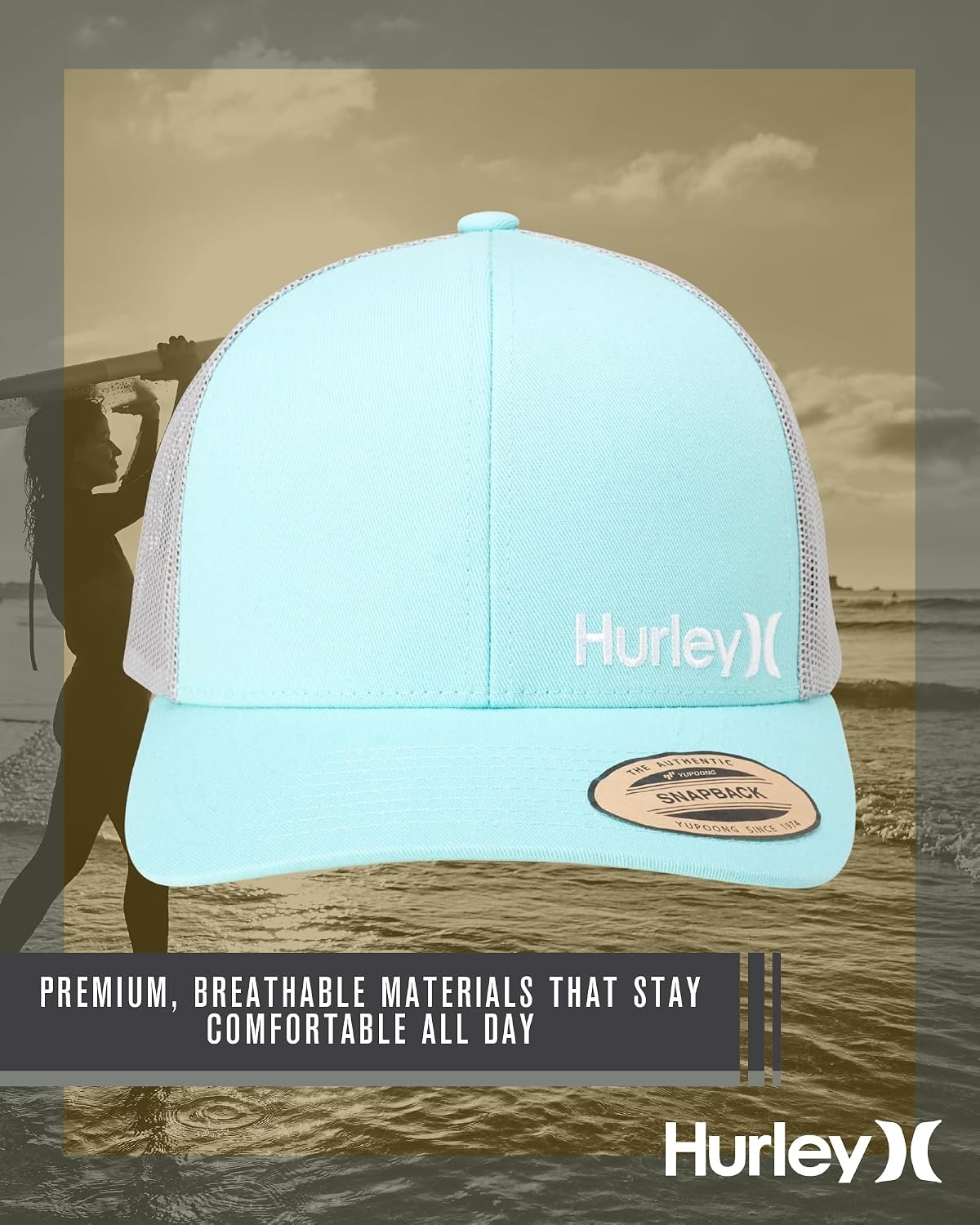 Hurley Men’s Trucker Hat – Corp Snap Back Comfortable Curved Bill with Adjustable Snap Closure – Trucker Hats for Men(Topaz Mist)