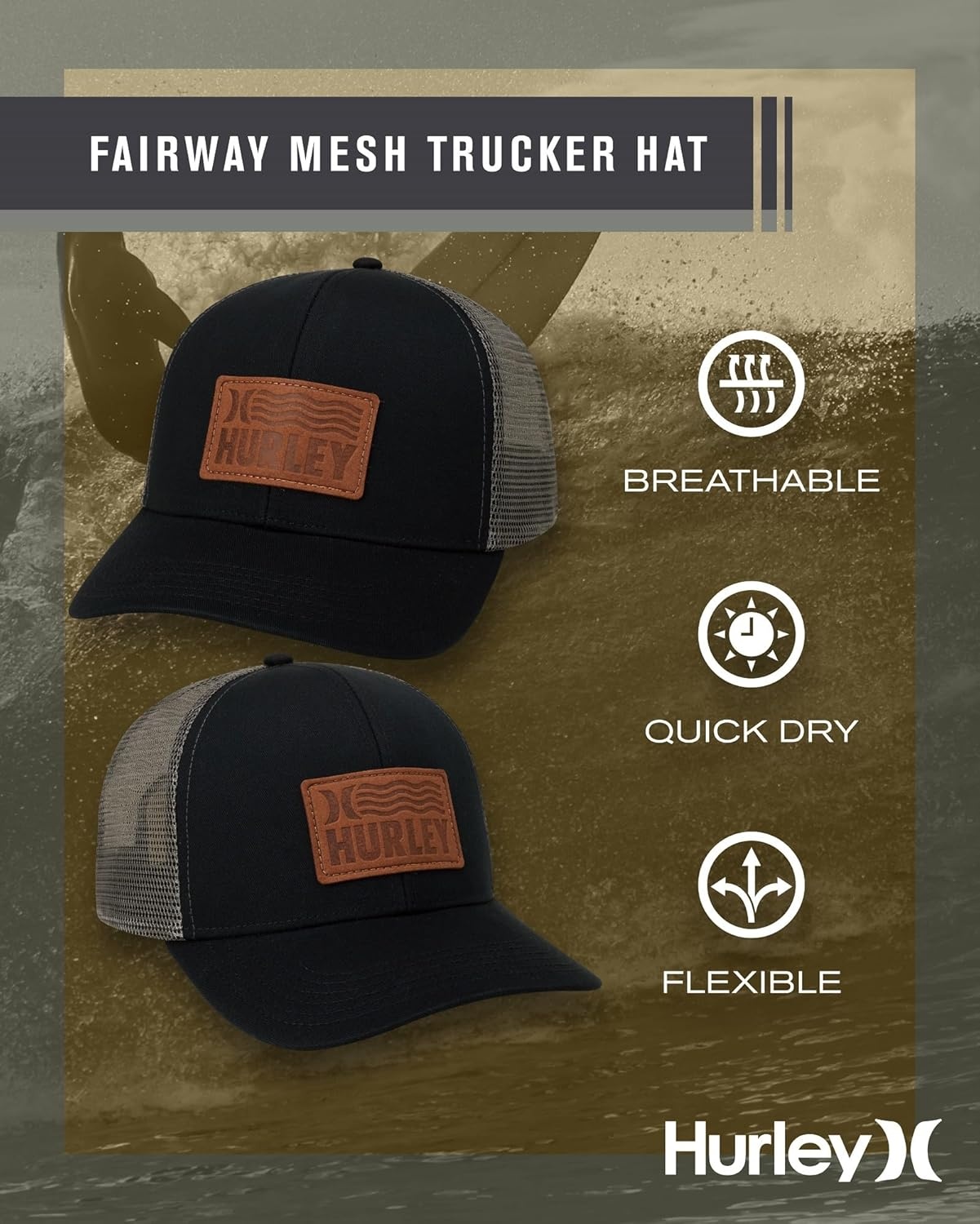 Hurley Mens Trucker Hat – Flexible Quick Dry Fairway Mesh Trucker Hat for Men with Snapback Closure – Classic Mens Caps(Black Old)
