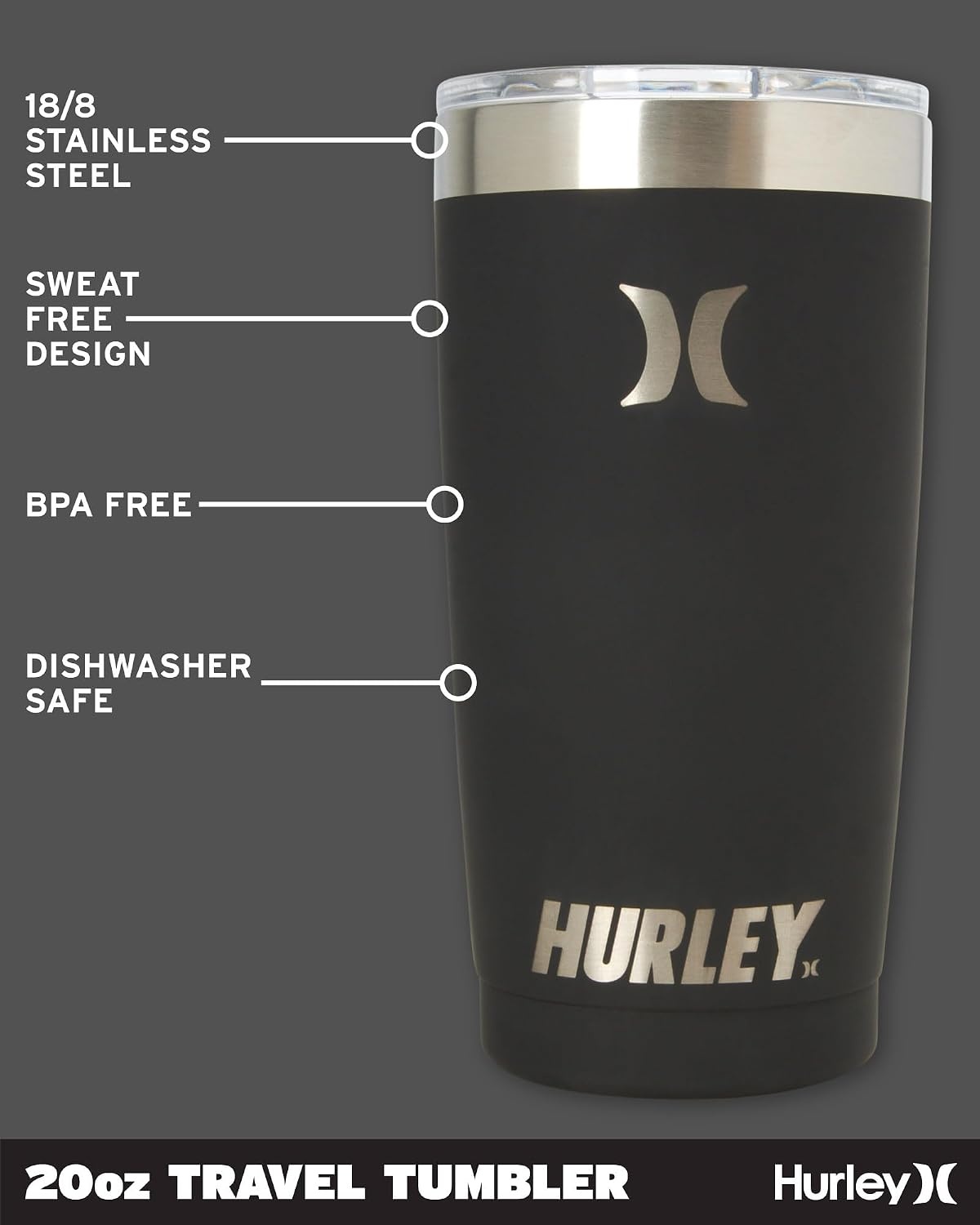 Hurley Tumbler Thermos – 20oz Double Wall Vacuum Insulated Travel Mug – BPA Free Stainless Steel Water Bottle – Leak Proof Hot and Cold Coffee Car Cup, Size 20 oz, Black