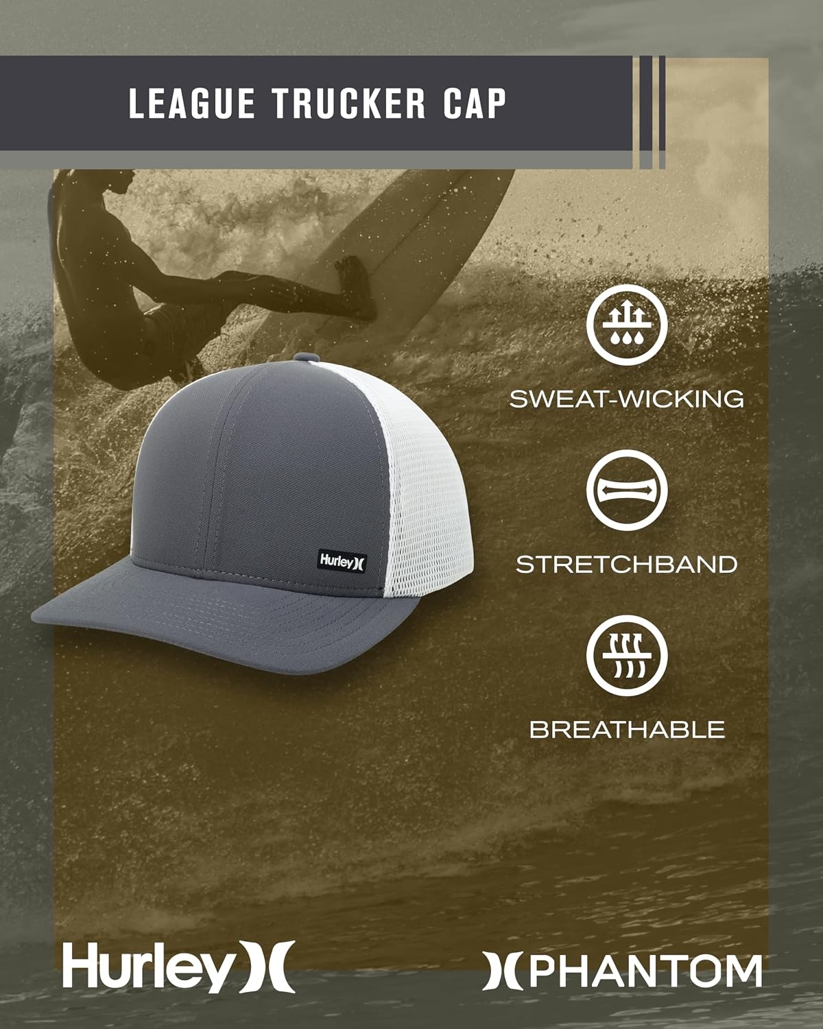 Hurley Men’s Caps – H2O-Dri League Baseball Caps for Men with Snapback Closure – Classic Mens Trucker Hats (S-XL)(Grey/White)