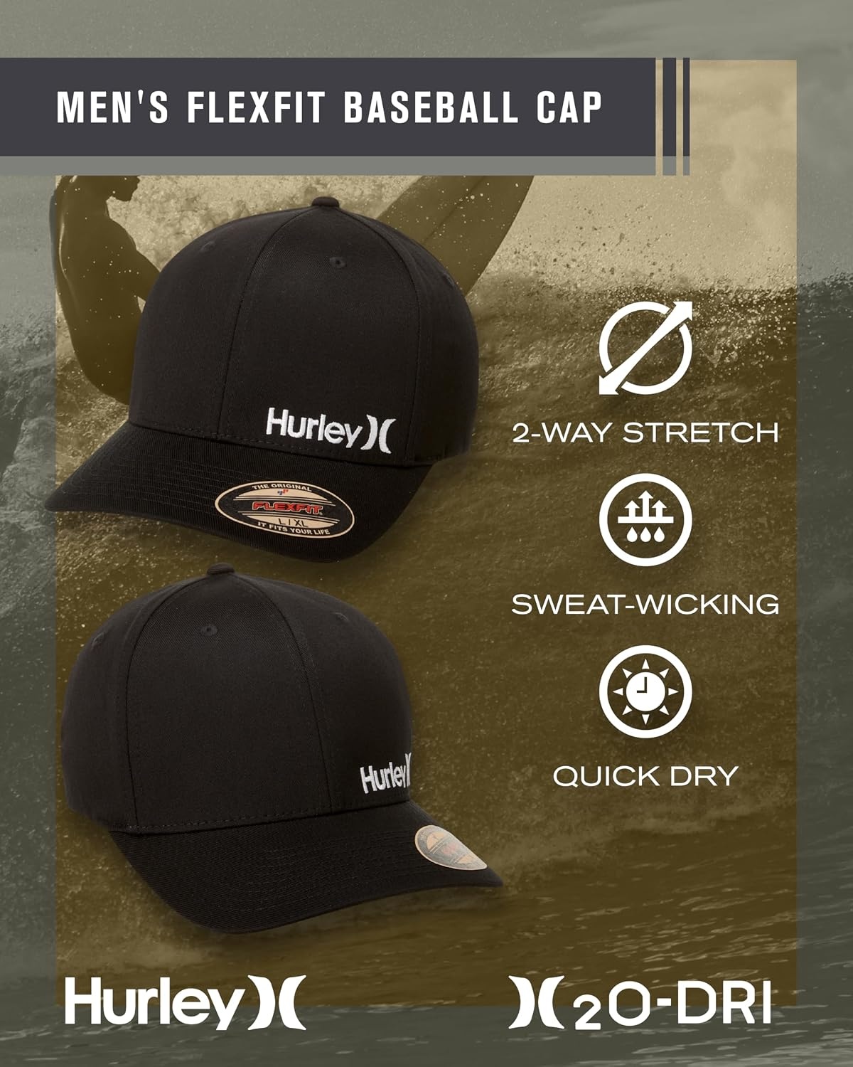 Hurley mens One & Only Corp Flexfit Perma Curve Bill Baseball Hat(Black)