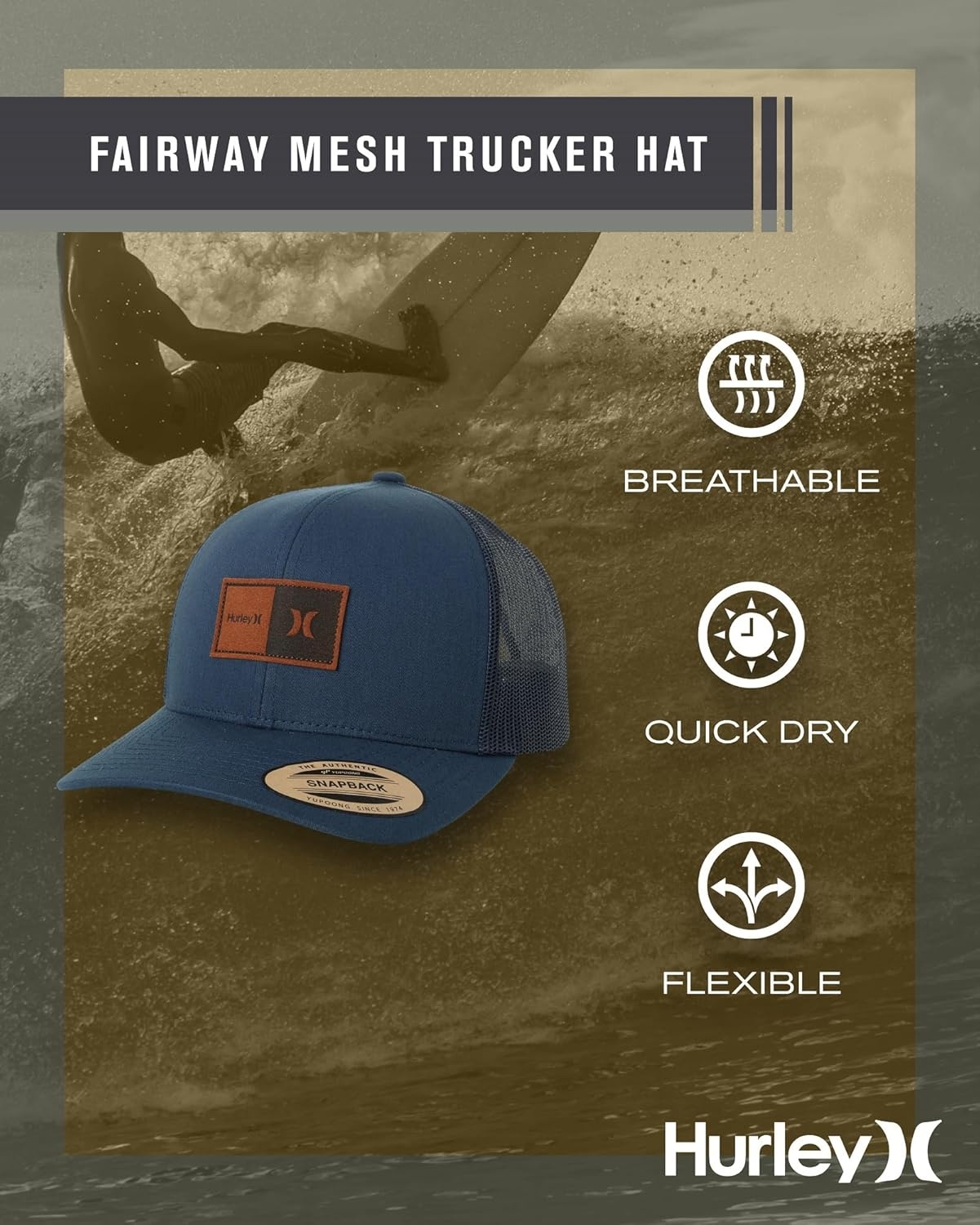 Hurley Mens Trucker Hat – Flexible Quick Dry Fairway Mesh Trucker Hat for Men with Snapback Closure – Classic Mens Caps(Obsidian Blue)