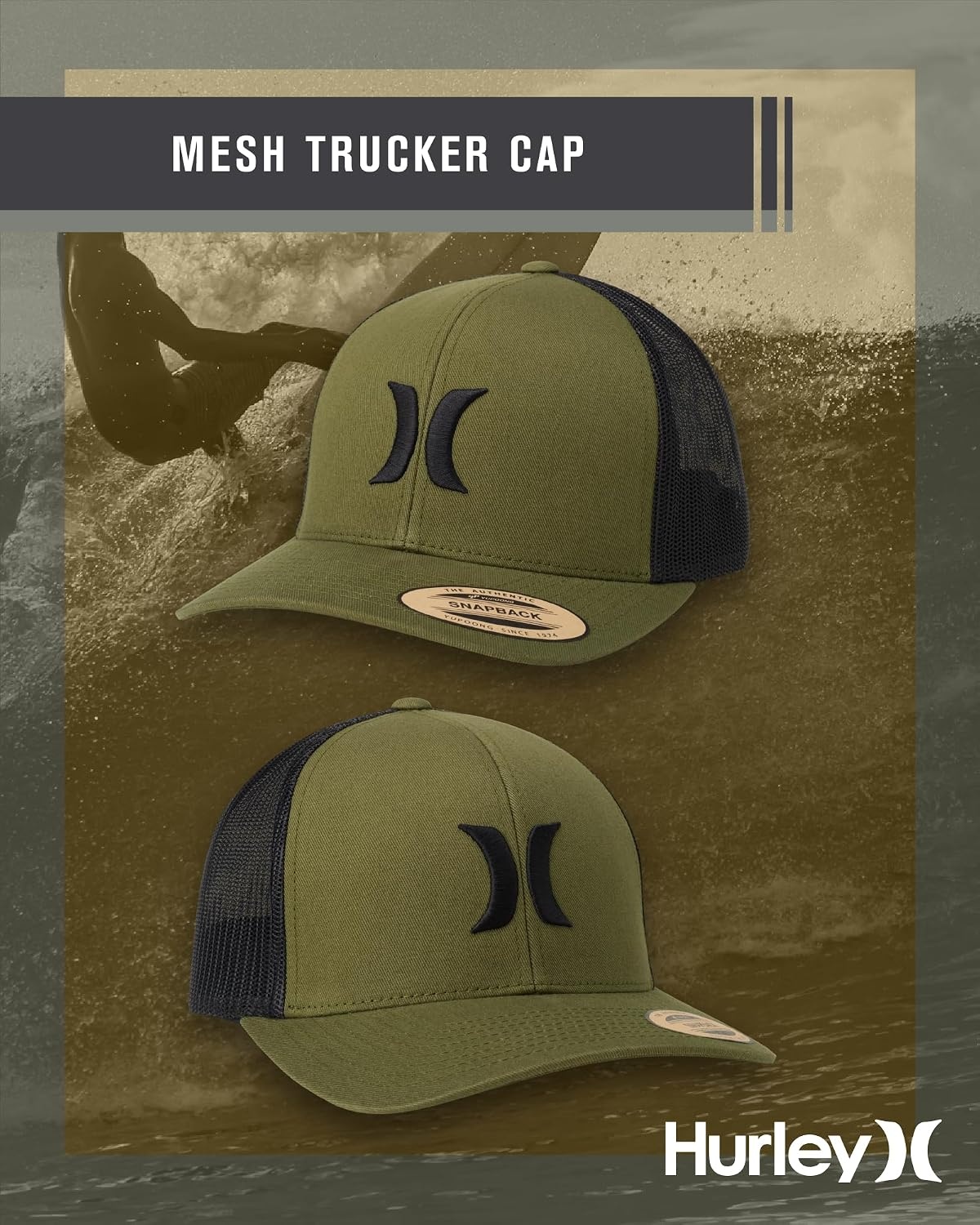 Hurley Mens Caps – Del Mar Mesh Panel Baseball Cap Trucker Hat – Snap Back Hats for Men(Olive Canvas)