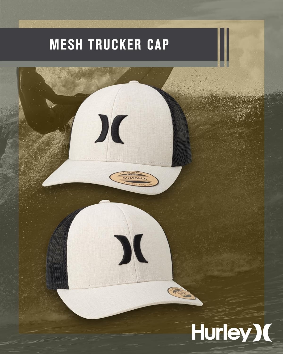 Hurley Mens Caps – Del Mar Mesh Panel Baseball Cap Trucker Hat – Snap Back Hats for Men(Khaki)