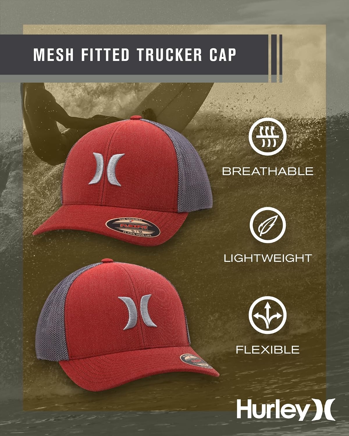 Hurley Mens Baseball Cap – Laguna Icon Mesh Stretch Trucker Hat with Curved Brim – Lightweight Breathable Fitted Hats for Men(Noble Red)