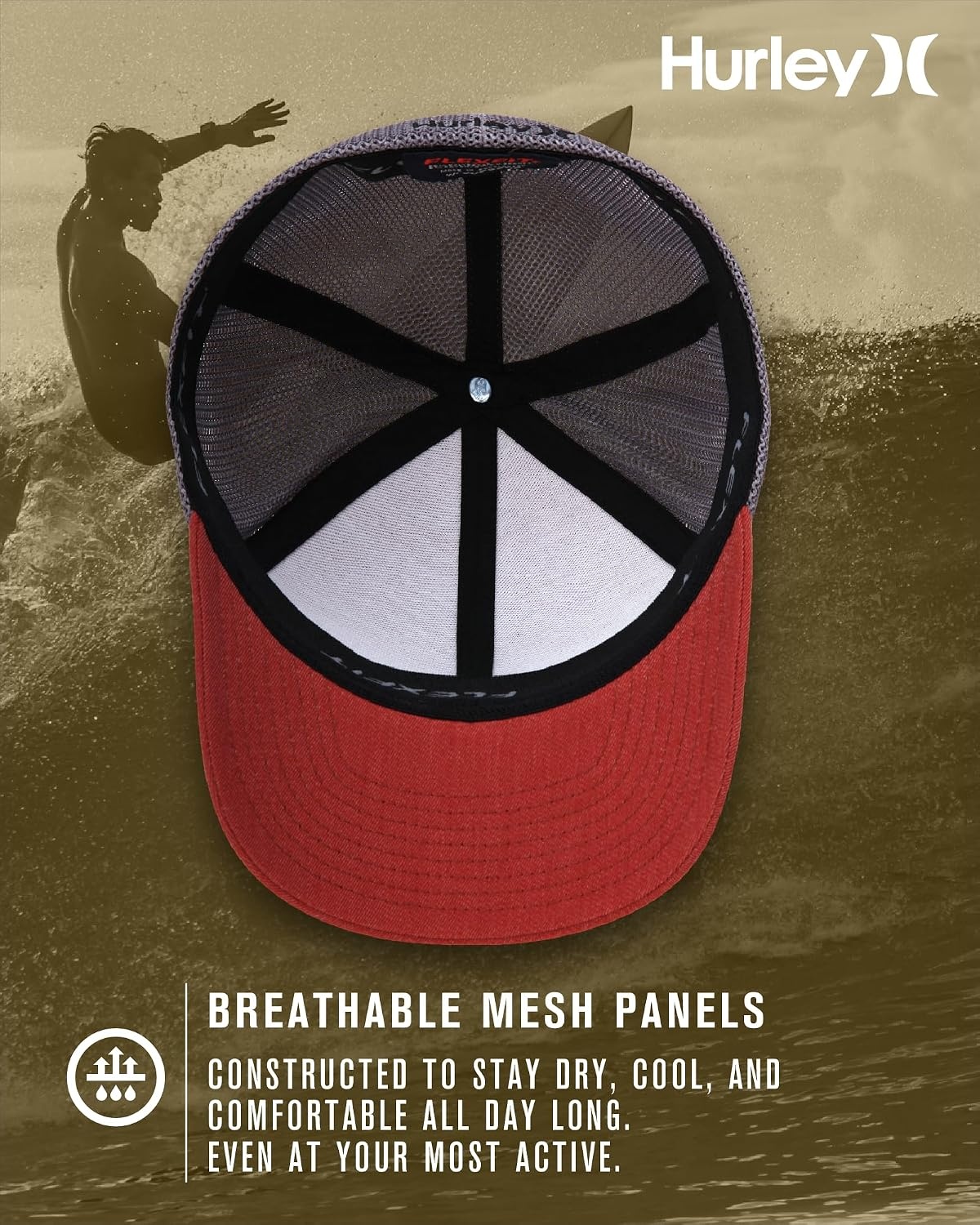 Hurley Mens Baseball Cap – Laguna Icon Mesh Stretch Trucker Hat with Curved Brim – Lightweight Breathable Fitted Hats for Men(Noble Red)