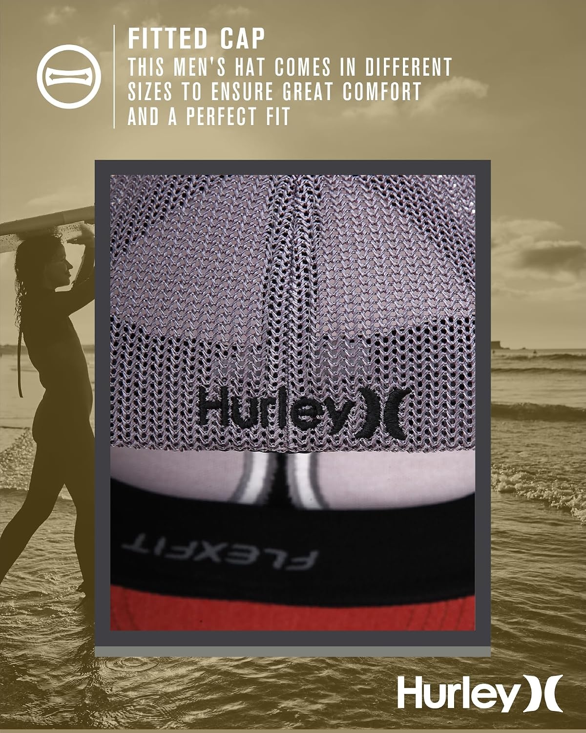 Hurley Mens Baseball Cap – Laguna Icon Mesh Stretch Trucker Hat with Curved Brim – Lightweight Breathable Fitted Hats for Men(Noble Red)