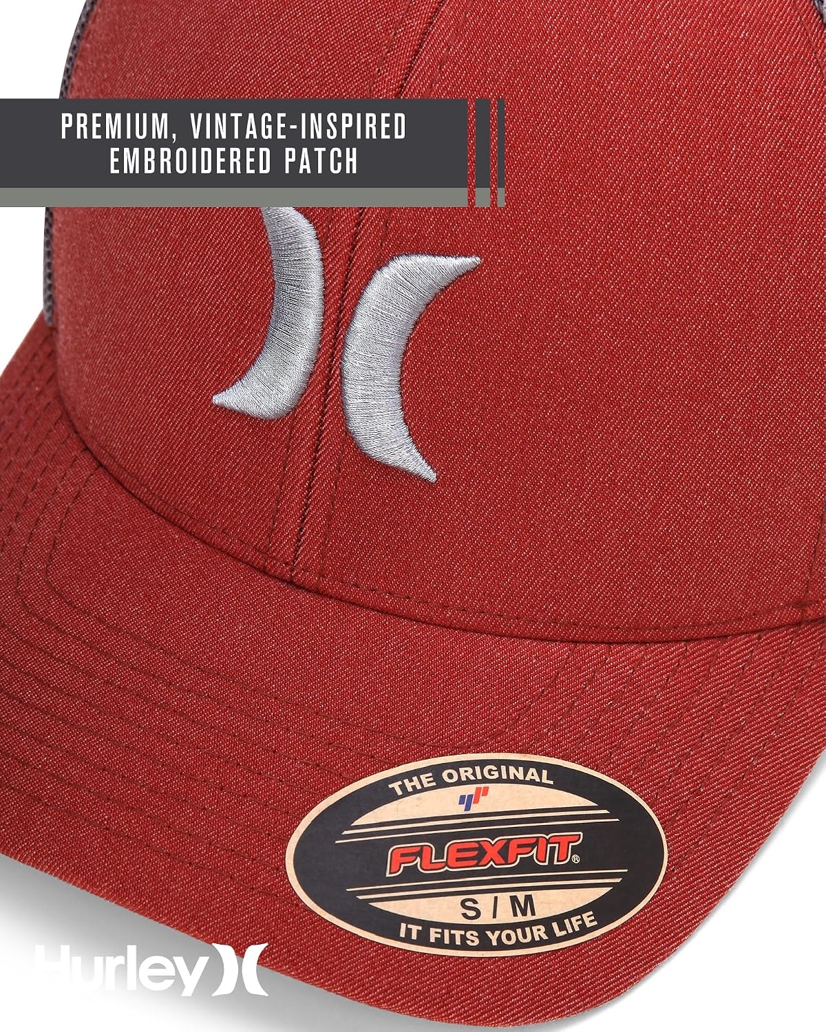 Hurley Mens Baseball Cap – Laguna Icon Mesh Stretch Trucker Hat with Curved Brim – Lightweight Breathable Fitted Hats for Men(Noble Red)