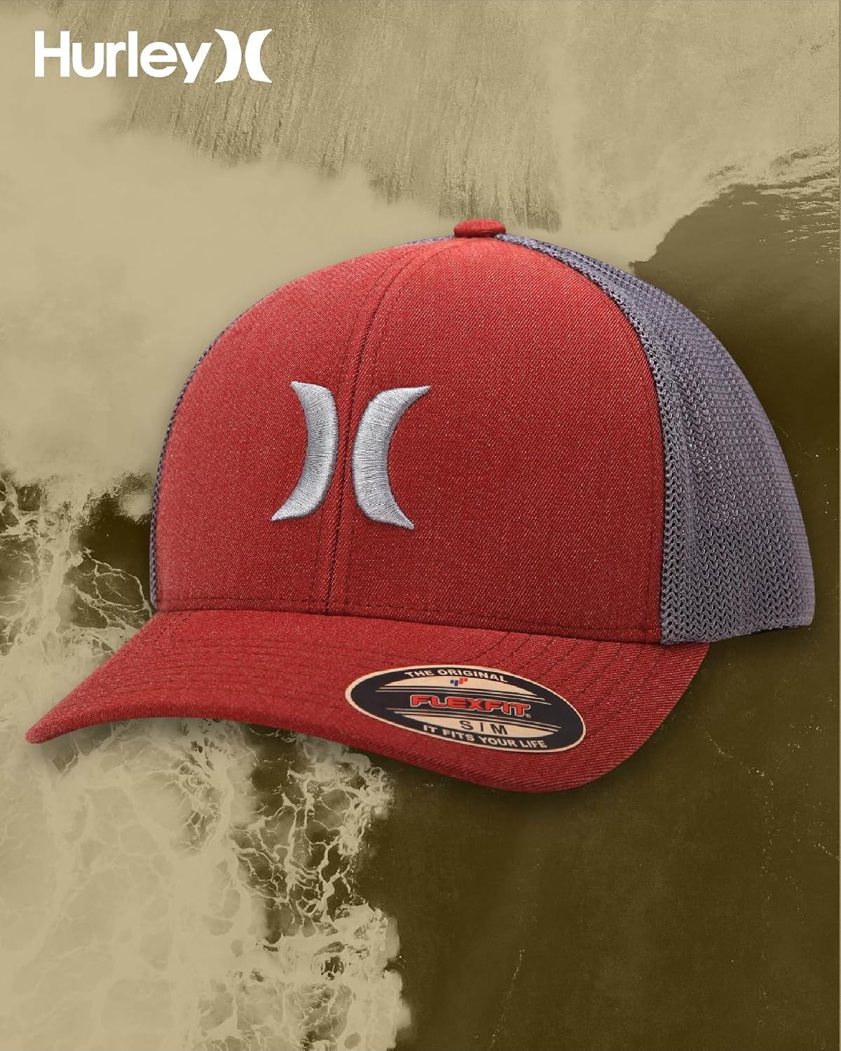 Hurley Mens Baseball Cap – Laguna Icon Mesh Stretch Trucker Hat with Curved Brim – Lightweight Breathable Fitted Hats for Men(Noble Red)