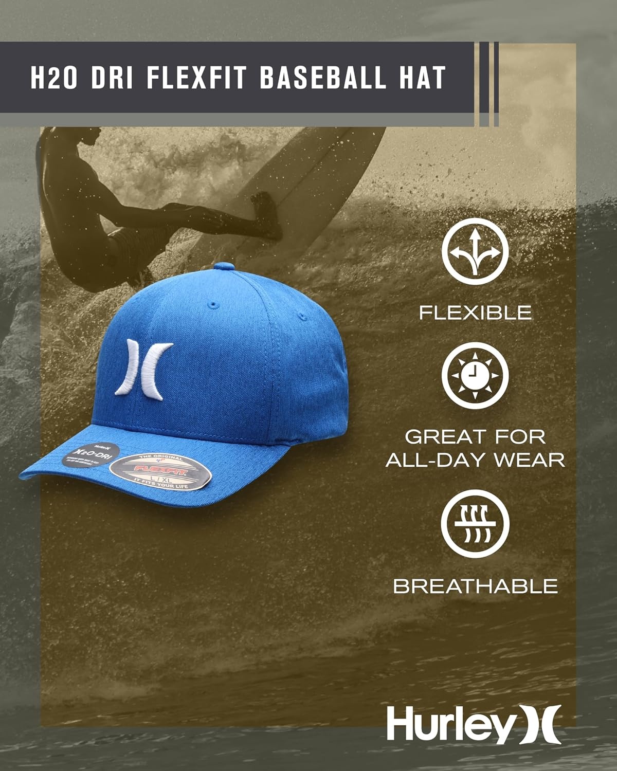 Hurley Mens Baseball Cap – Moisture Wicking Curved Brim Flexfit Fitted Hats for Men with H2O-Dri Sweatband (Sizes: S-XL)(Blue Beyond)