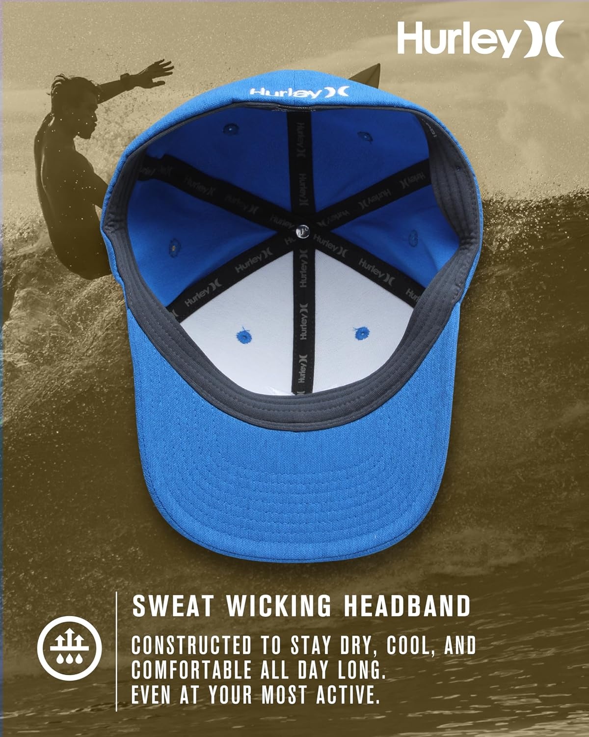 Hurley Mens Baseball Cap – Moisture Wicking Curved Brim Flexfit Fitted Hats for Men with H2O-Dri Sweatband (Sizes: S-XL)(Blue Beyond)