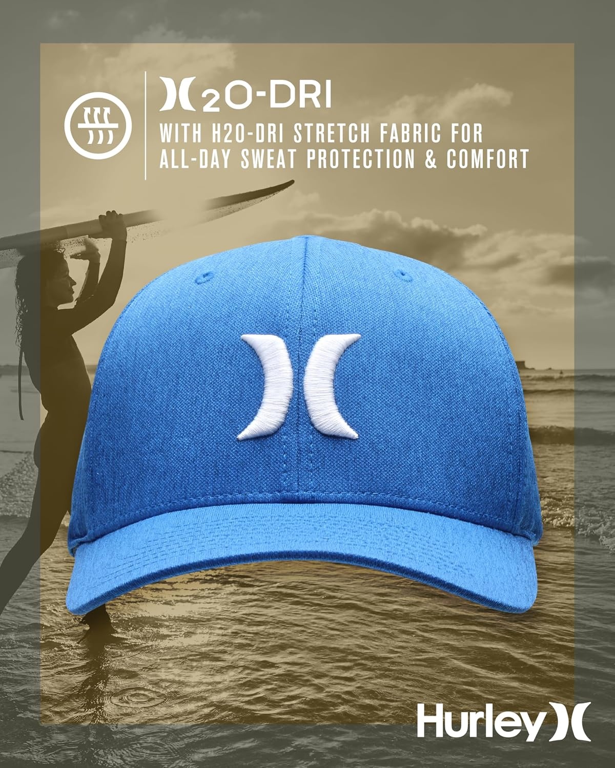 Hurley Mens Baseball Cap – Moisture Wicking Curved Brim Flexfit Fitted Hats for Men with H2O-Dri Sweatband (Sizes: S-XL)(Blue Beyond)